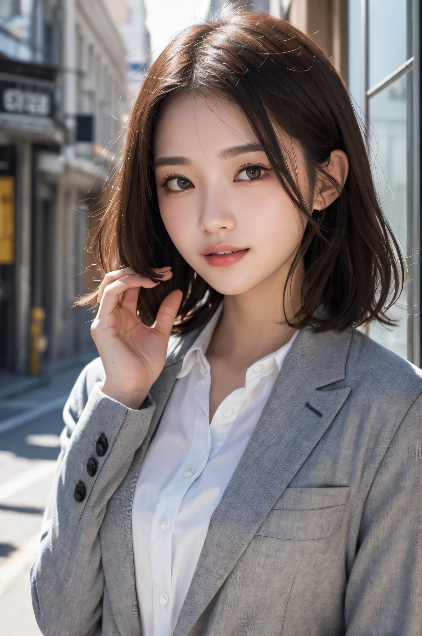randome pose, mix4, (8K, Raw photography, top-quality, ​masterpiece: 1.45), (realisitic, Photorealsitic: 1.37), one girls, cute little, A smile、Cityscape, natta, profetional lighting, photon maping, Radio City, physically-based renderingt, Gradient black hair, white  hair, short  curly hair, a handsome, girl with, tiny chest、(Raw photography、top-quality)、(realisitic、Photorealsitic:1.3)、top-quality、​masterpiece、extremely delicate and beautiful、A highly detailed、nffsw、A sense of unity、2k wallpaper、magnifica、Beautiful in every detail、​masterpiece、浅笑、top-quality、Highly detailed ticker Unity 8K wallpapers、huge filesize、ultra-detailliert、hight resolution、ighly detailed、Female 1 Person、Slim body、D-cups、Suits、Business Suit、White Y-shirt、(brown haired)、looking at viewert、pureerosface_v1:0.8 Short Hair。Wearing a women's suit。White Y-shirt。Wearing a suit。Hair is black。cheeks are slightly pink。Transparent skin。A smile that makes you feel innocent。 Her eyes with、Illuminated by soft light。Her skin is shiny and shiny、Glossy、Glossy。Blonde loose fluffy bob,Hair swaying in the wind makes her charm even more pronounced.。(makeups:0.4)、(fluffy black eyes:1.21)、Black eyes。Social media and profile pages、Park Gyu-young, female actress from korea, Cute Korean Actress。top-quality、​masterpiece、extremely delicate and beautiful、ighly detailed、8K Picture Wallpaper、astonishing、finely detail、huge filesize、ighly detailed、hight resolution、extremely detailed eye and face、 Stunning detailed eyes、Facial light、(The best illustrations:1.1)、超A high resolution、(Photorealsitic:1.1)、(Photorealistic 1.2:1.1)、Realistic facial proportions、Slimed、A smile、(Irregular irregular skin defects、vein、Wrinkled pores on the skin:1.2)、top quality photo, hight resolution, 1080p, (clearface), (Detailed face description), (Detailed hand description), (​masterpiece), 逼真, extreme light and shadows, dishevled hair, ​masterpiece, lush detail, (Fine facial features), (Highest Quality Photos), (​masterpiece), (finely eye), Look in front of you, Fine clavicle,Emphasis on the armpits