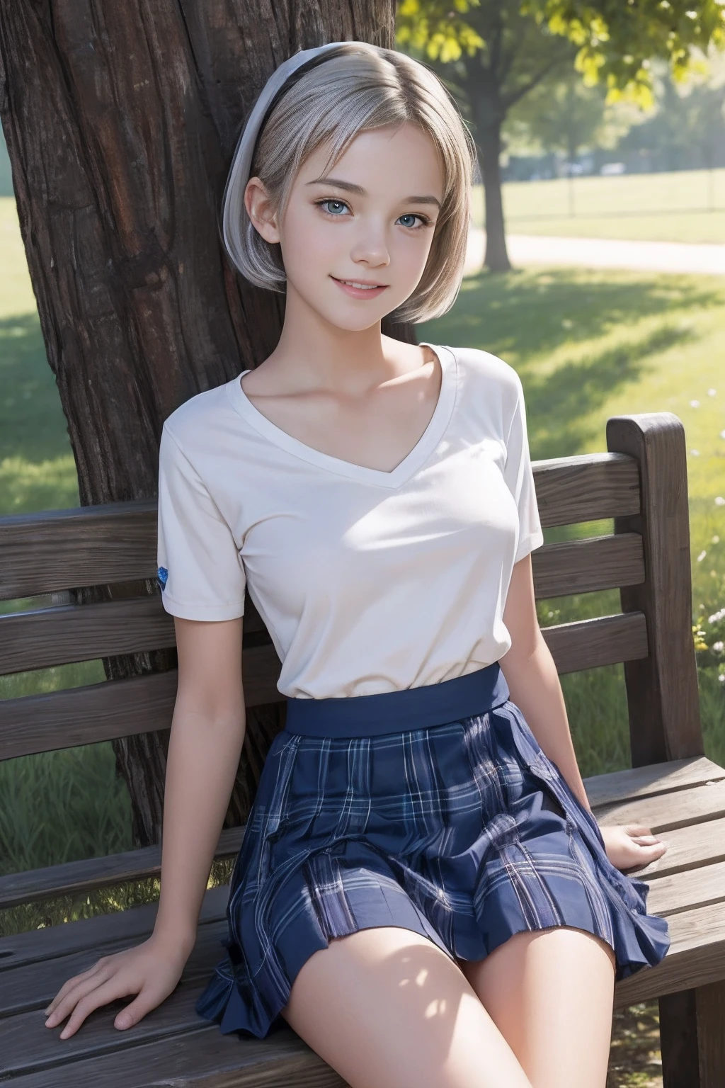 masterpiece, best quality, ((female teen)), (((turn over the skirt))),(cinematic proof),clear face, cute teenage girls,perfect anatomy, happy smile,winkking,open legs,silver short hair,blue eyes, realistic face, realistic,dynamic angle, (1girl), solo focus, small breast, ((lolita)),photoreal,hug,looking at viewer,sitting in the park,from below,((outdoor)),14yo, open legs, panties