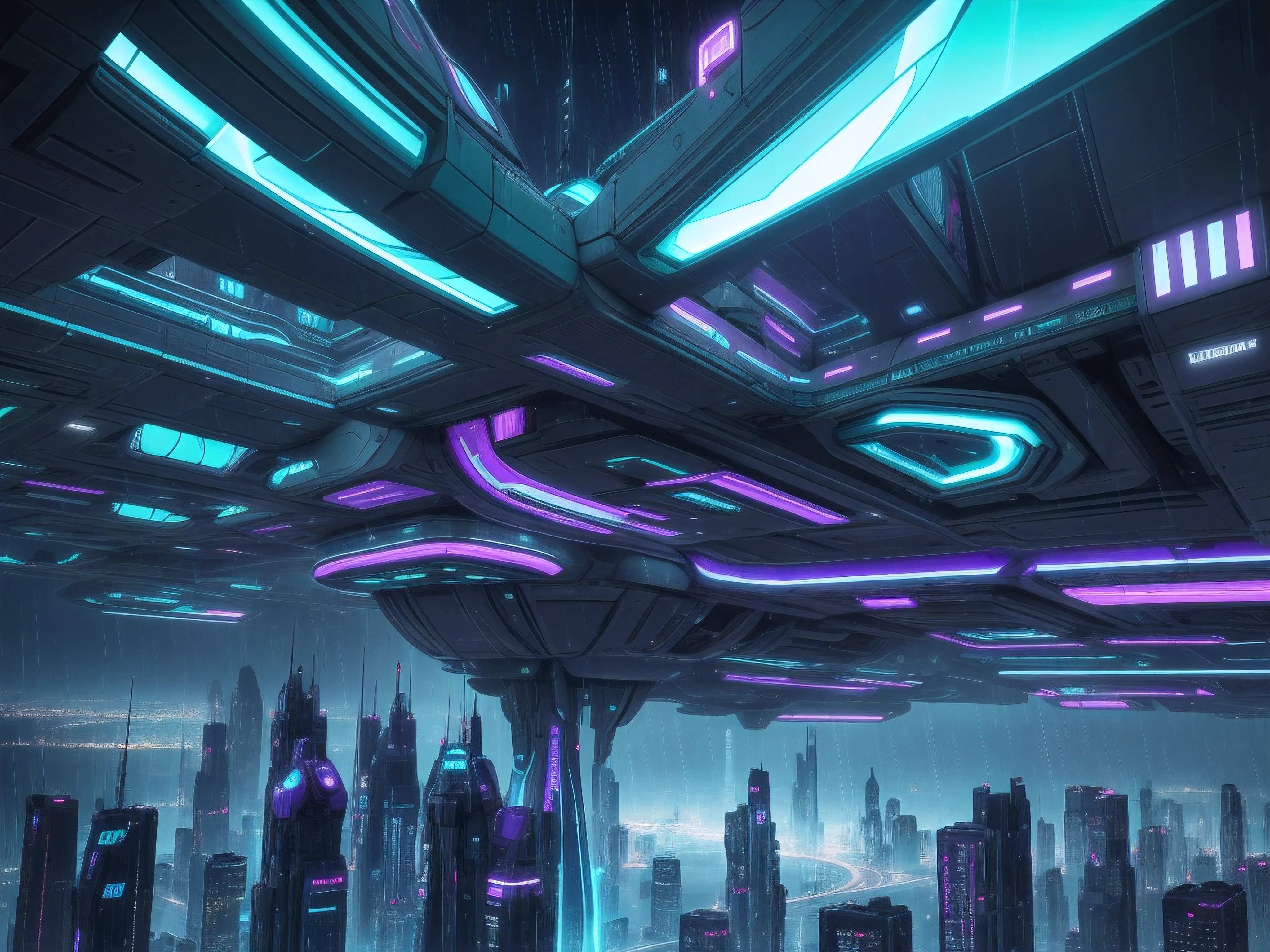Create an aerial image of a futuristic city, Full of futuristic buildings with highly stylized designs that defy gravity. With flying transport vehicles. todo en tonos azules, Green and purple in the rain with flashes of neon and durable style, bajo los rayos de una gran tormenta. hiperrealista, 8k