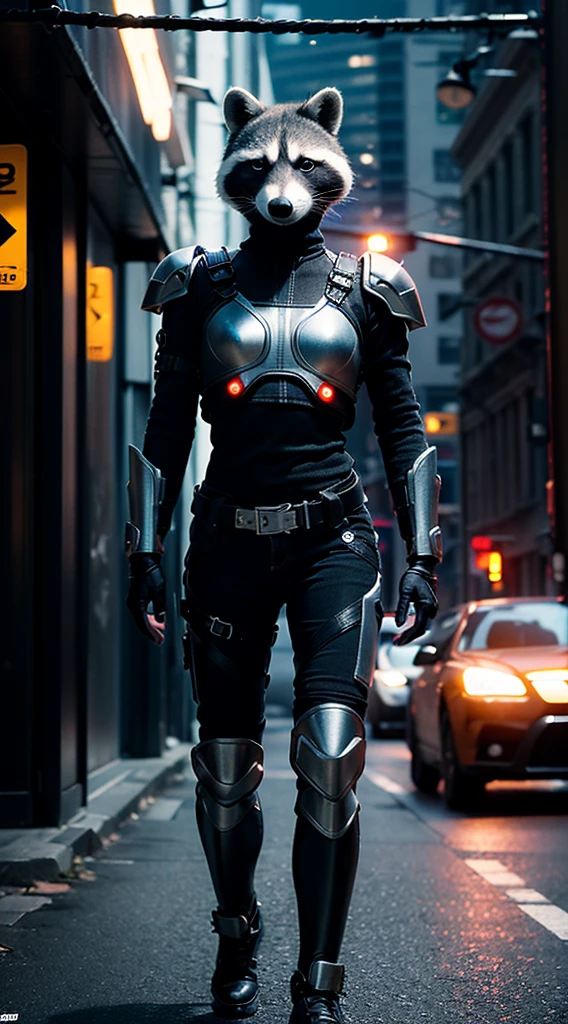 (extremely detailed CG unity 16k wallpaper:1.1), (Denoising strength: 1.45), (tmasterpiece:1.37), Agent raccoon cyberpunk style full body, Tech armor, Masks have no face