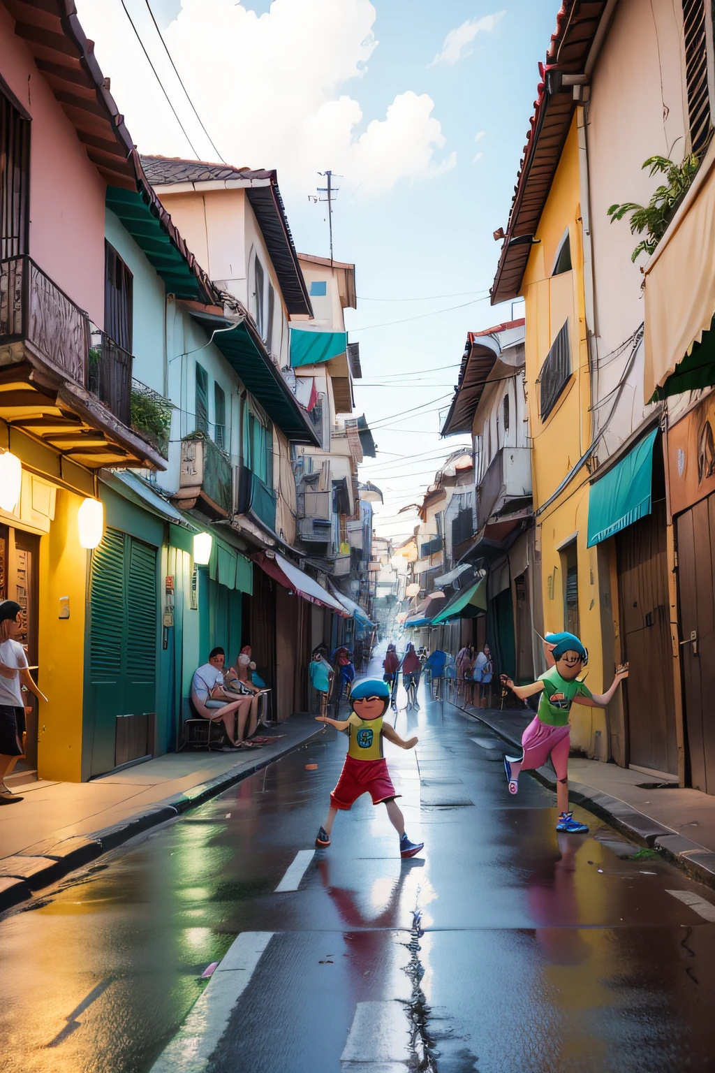 Ruas Brasileiras: Uma cena de rua movimentada no Brasil com cores vibrantes, people dancing samba, children playing and Gaius (Lil Shark Boy) ainda menino, vendendo sacolas no meio de tudo isso.