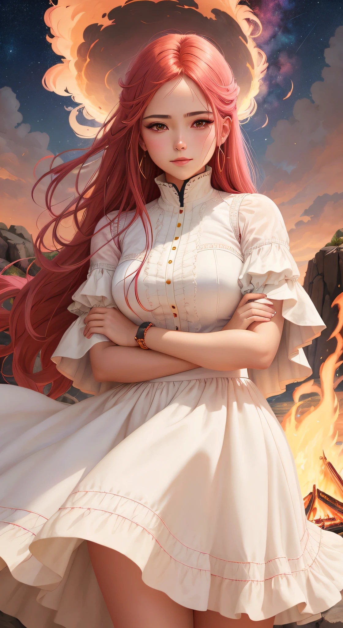 Anime girl with reddish pink hair and white dress standing in front of a fire, with petty expression and cynical smile, com decote, saia de renda,  estilo de arte de fantasia, deusa do fogo, Artgerm extremamente detalhado, Artgerm e Atey Ghailan, anime fantasy illustration, Estilo Artgerm, cushart krenz arte chave feminina, Deusa dos cabelos ruivos, Alena Aenami e Artgerm, Trend in ArtStation Pixiv UP close-up of a woman , rosto com alto detalhe, com cabelos vermelhos vibrantes e longos, maga do fogo Com livro magico flutuante ao lado com cristais vermelhos, folded arms, sneering expression, wearing a flowing white short dress with round, saia empinada exibindo-a, saia com babados, mangas de renda mostrando os ombros, armadura vermelha em cima do vestido, cristais vermelhos cravados no vestido, magia do fogo, Lavaredas of fire around to show the mastery of fire, Starry sky background. Apply filter to highlight colors. alto detalhe, rosto detalhado. anatomia perfeita, hands with five fingers,