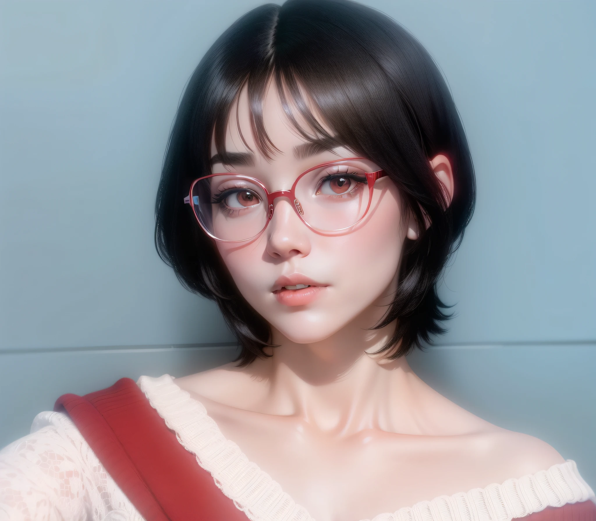 Allard woman with glasses and red and white sweater, with short hair, wearing thin large round glasses, 🤤 girl portrait, inspired by Ma Yuanyu, white hime cut hairstyle, ulzzangs, short detailed hair,By bangs, tidy hair,By bangs, 8k selfie photograph, f / 1. 9 6. 8 1 mm ISO 4 0, With glasses