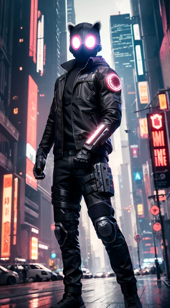 (extremely detailed CG unity 16k wallpaper:1.1), (Denoising strength: 1.45), (tmasterpiece:1.37), Agent raccoon cyberpunk style full body, Tech armor, Masks have no face