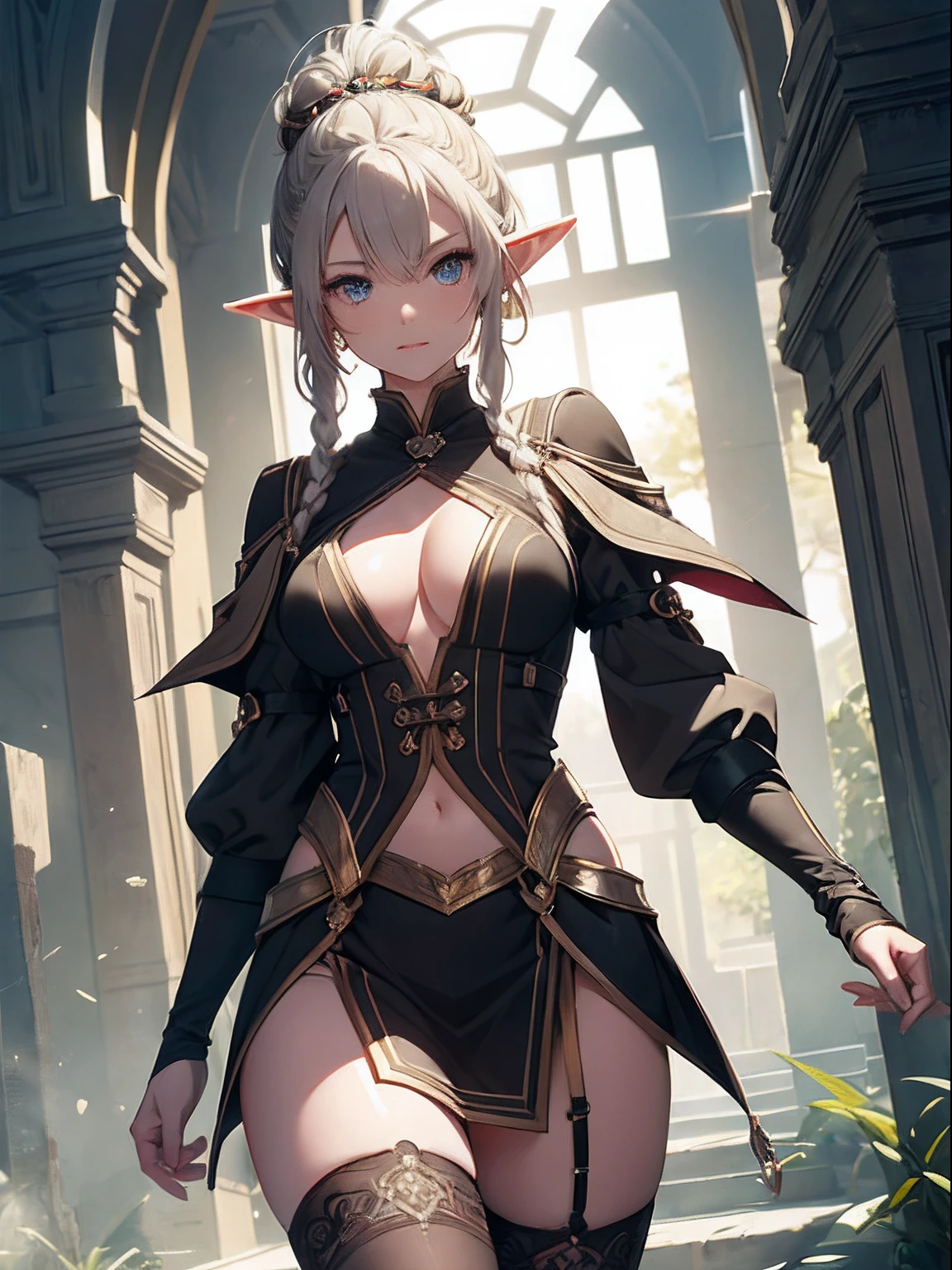 Cute elf girl,braided ponytail,Exquisite Hair,Colored inner hair,Pick and dye your hair,Colorful hair,With Ultra HD details,Professional lighting and lighting。Tall and tall,Sexy clothes,Stockings,Delicate earrings,Delicate necklace,light breeze,Brighter scenes,More refined facial features,eyes with brightness,Light smile,anaglyph,tachi-e,Atmospheric perspective,High detail backlight,Chiaroscuro,full bloom,Ray trajectories,Perspective top-down,super detailing、acurate、best qualityer、Textured epidermis、Anatomically correct