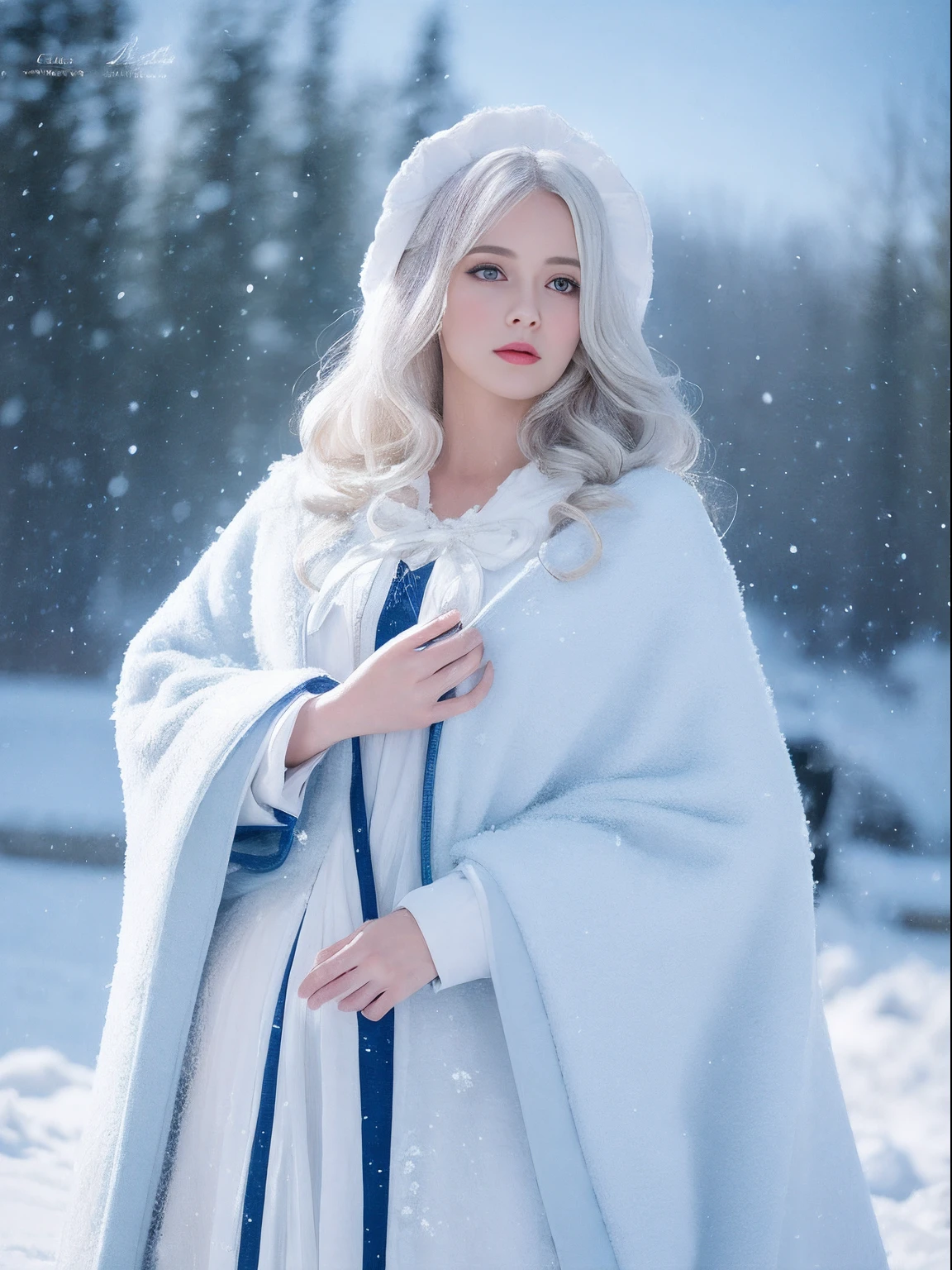Photorealistic, high resolution, 1 Women, Solo, (ta costume),Gorgeous costumes,Face the audience,The upper part of the body,upper legs, beautidful eyes, White hair, ringed eyes, (outside,Heavy snowfall,Cloak,Cover with snow),snowfield,Blue eyes,Illustrations of the highest quality,A meticulous face