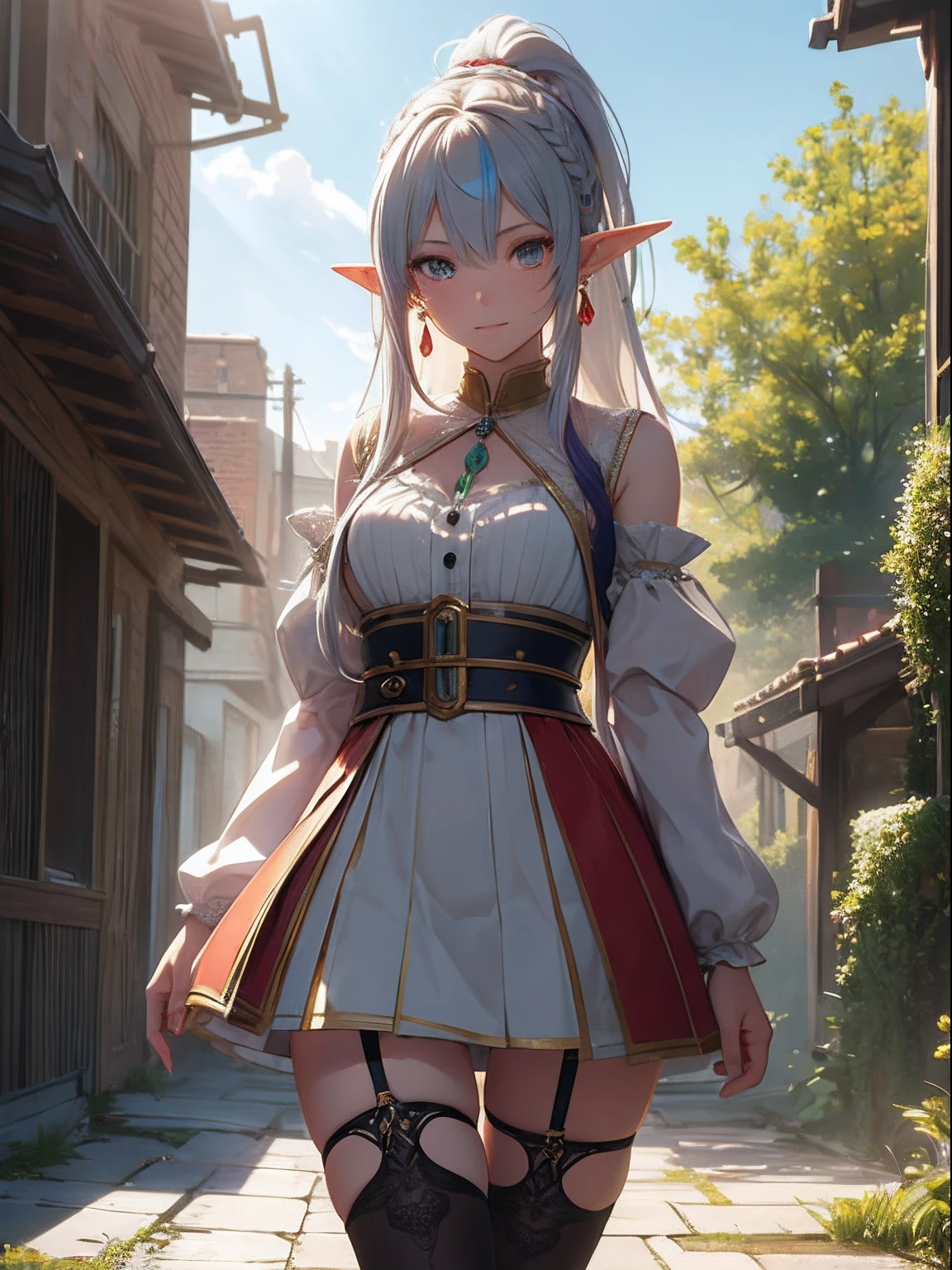 Cute elf girl,braided ponytail,Exquisite Hair,Colored inner hair,Pick and dye your hair,Colorful hair,With Ultra HD details,Professional lighting and lighting。Tall and tall,Sexy clothes,Stockings,Delicate earrings,Delicate necklace,light breeze,Brighter scenes,More refined facial features,eyes with brightness,Light smile,anaglyph,tachi-e,Atmospheric perspective,High detail backlight,Chiaroscuro,full bloom,Ray trajectories,Perspective top-down,super detailing、acurate、best qualityer、Textured epidermis、Anatomically correct