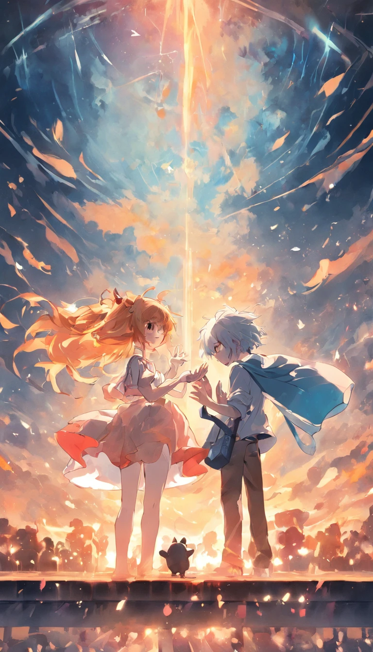 tmasterpiece，best qualtiy，filmposter，1girll+1boys, Cloud Girl, Crowded crowds, closeup cleavage, brightly, cheerfulness, Warm and soft lighting, sunraise, Play guitar, guitar, The boy plays the piano, Girl plays the piano。