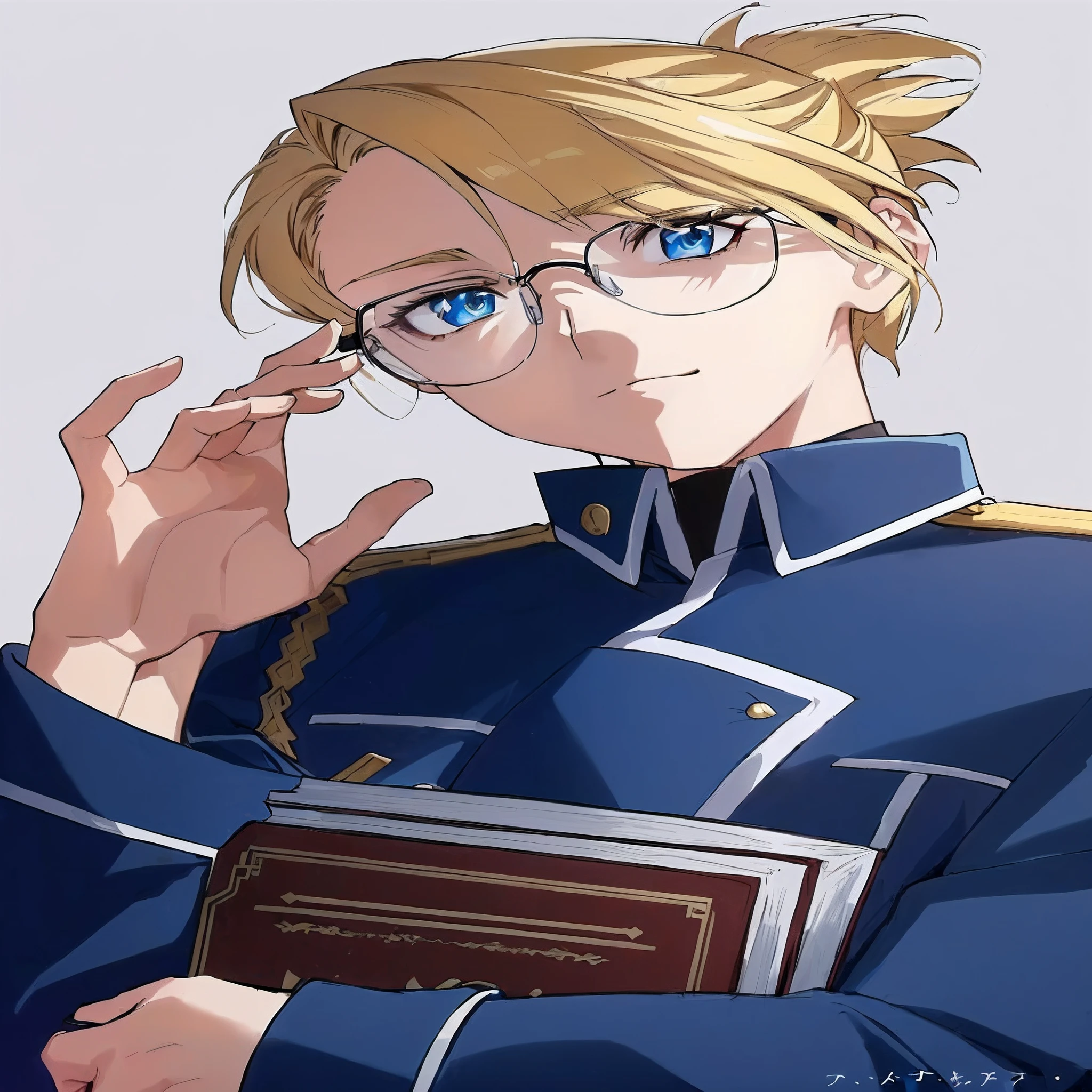 a close up of a person in uniform holding a book, delicate androgynous prince, beautiful androgynous prince, high quality fanart, as an anime character, tall anime guy with blue eyes, 2022 anime style, 2 0 2 2 anime style, inspired by Armin Hansen, in an anime style, inspired by Alexander Kanoldt, high quality portrait, (((glasses, masterpiece, best quality)))