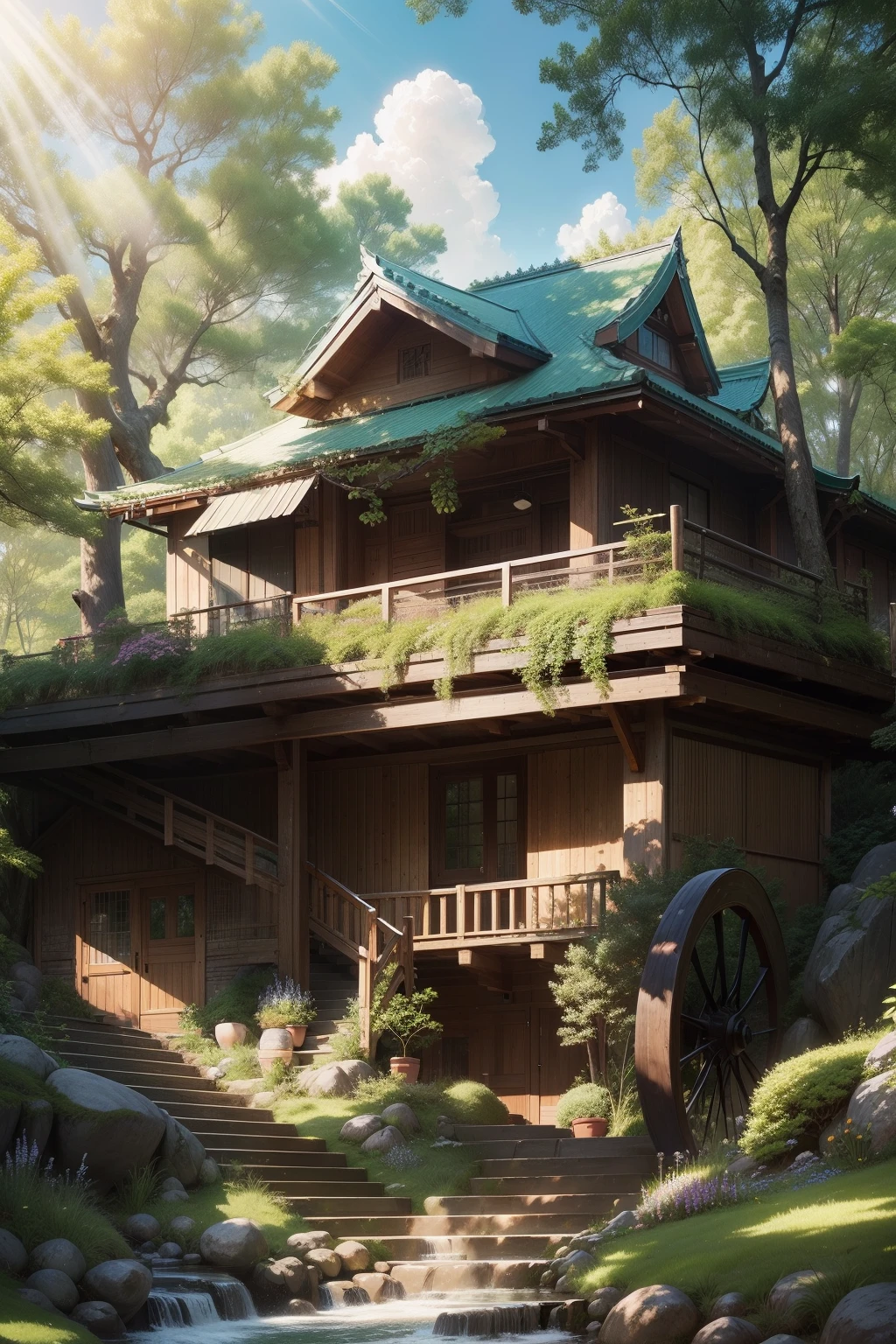 realisticlying,tmasterpiece,Highest quality,Realistis,Realiy,BYD Auto,Villas,the trees,rays of sunshine,Blue sky,kotori,Fresh environment