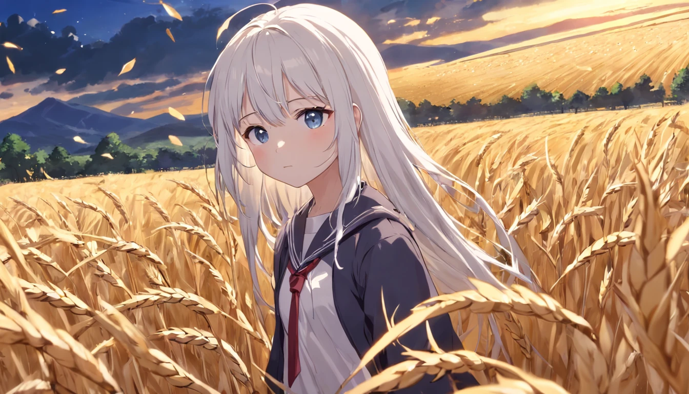 Cute female high school student with white hair,Against the background of golden wheat fields,