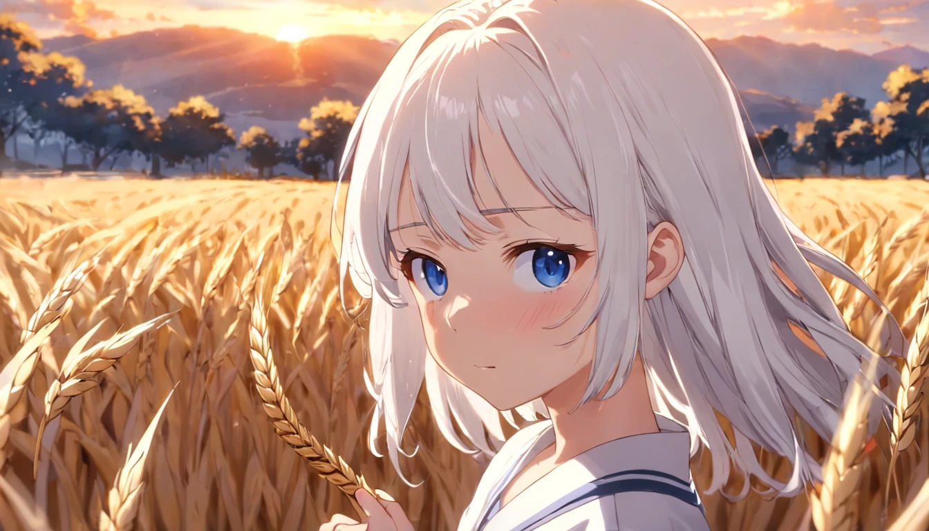 Cute female high school student with white hair,Against the background of golden wheat fields,
