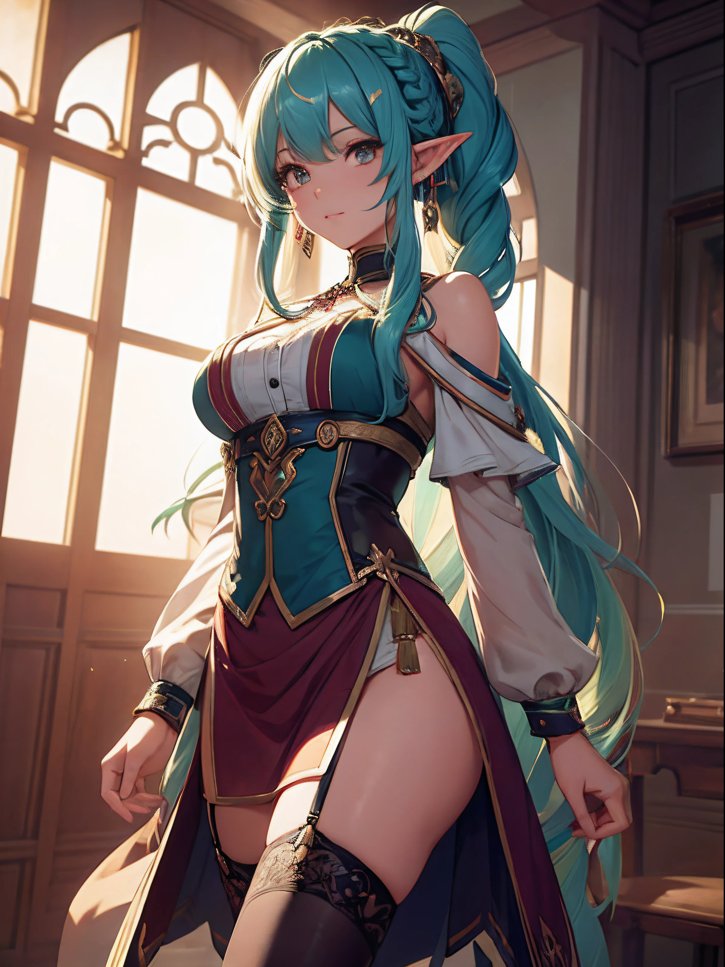 Cute elf girl,braided ponytail,Exquisite Hair,Colored inner hair,Pick and dye your hair,Colorful hair,With Ultra HD details,Professional lighting and lighting。Tall and tall,Sexy clothes,Stockings,Delicate earrings,Delicate necklace,light breeze,Brighter scenes,More refined facial features,eyes with brightness,Light smile,anaglyph,tachi-e,Atmospheric perspective,High detail backlight,Chiaroscuro,full bloom,Ray trajectories,Perspective top-down,super detailing、acurate、best qualityer、Textured epidermis、Anatomically correct