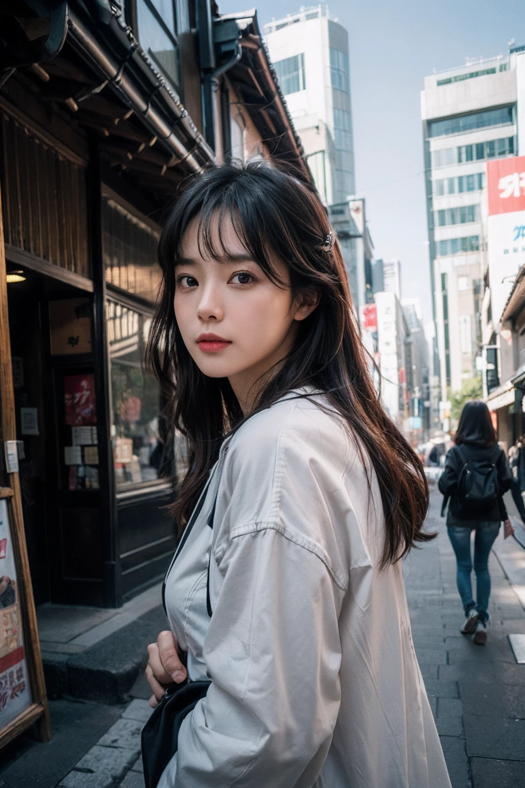 (masutepiece 、Best Quality 、HDR UHD 、Professional)、(Photorealsitic:1.4)、1girl in、A Japanese Lady、Natural light、(Looking at Viewer:1.331)、Posing、on tokyo street、Looks fun、Levi's501、