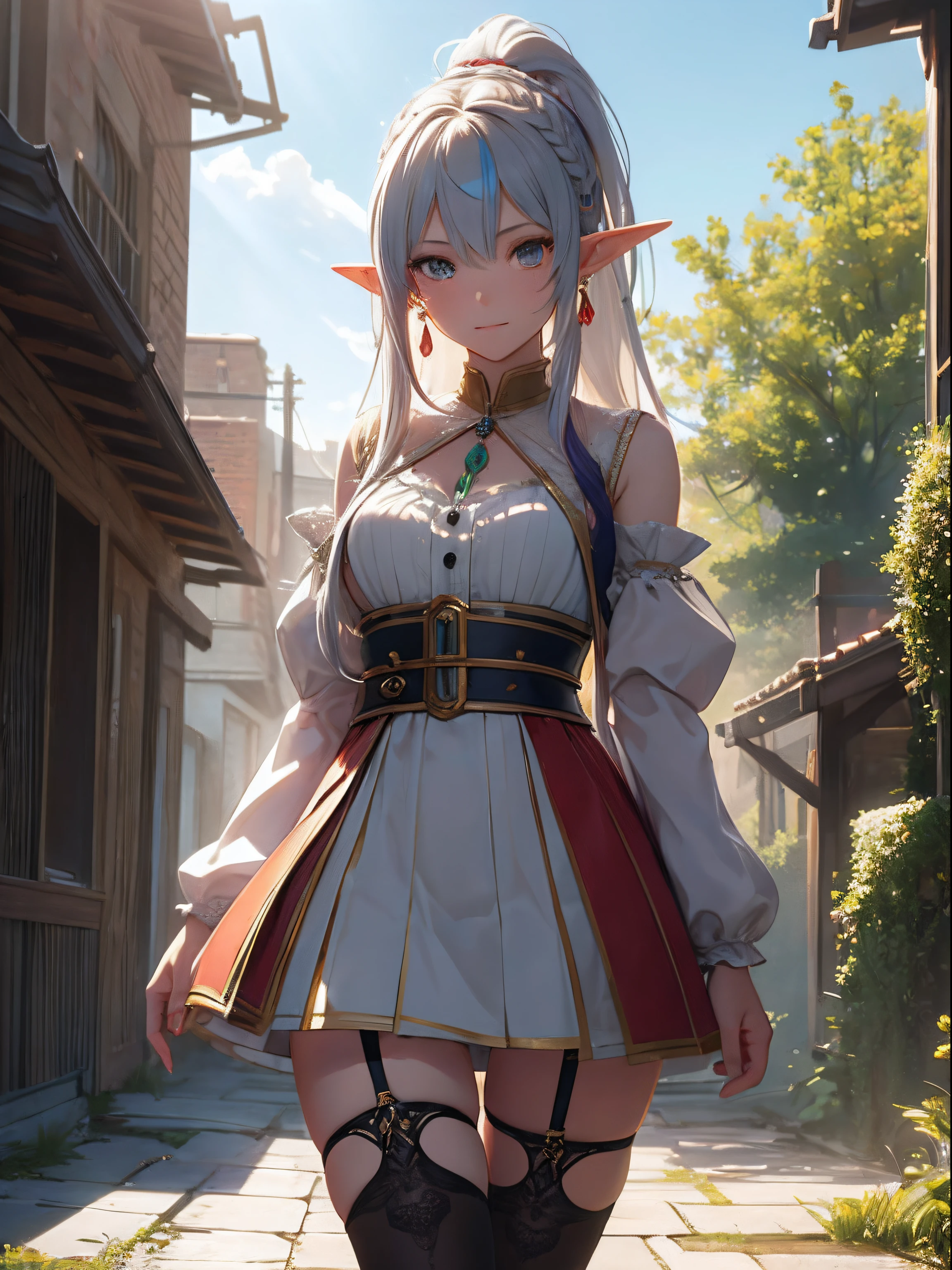 Cute elf girl,braided ponytail,Exquisite Hair,Colored inner hair,Pick and dye your hair,Colorful hair,With Ultra HD details,Professional lighting and lighting。Tall and tall,Sexy clothes,Stockings,Delicate earrings,Delicate necklace,light breeze,Brighter scenes,More refined facial features,eyes with brightness,Light smile,anaglyph,tachi-e,Atmospheric perspective,High detail backlight,Chiaroscuro,full bloom,Ray trajectories,Perspective top-down,super detailing、acurate、best qualityer、Textured epidermis、Anatomically correct