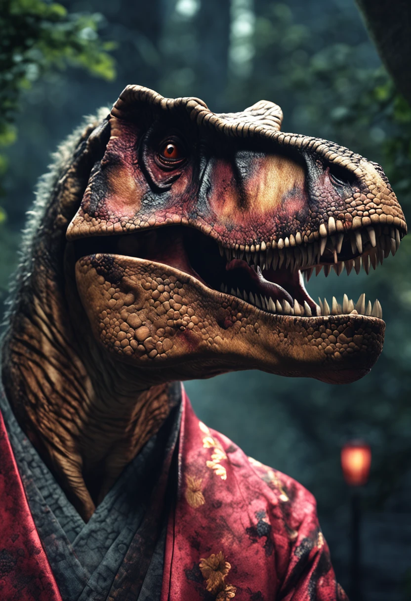 Tyrannosaurus rex became Japanese,Wear a traditional kimono,Realistic full body portrait of Tyrannosaurus rex,Ultra-detailed shooting,Japanese castle and dark background,Glow and realistic