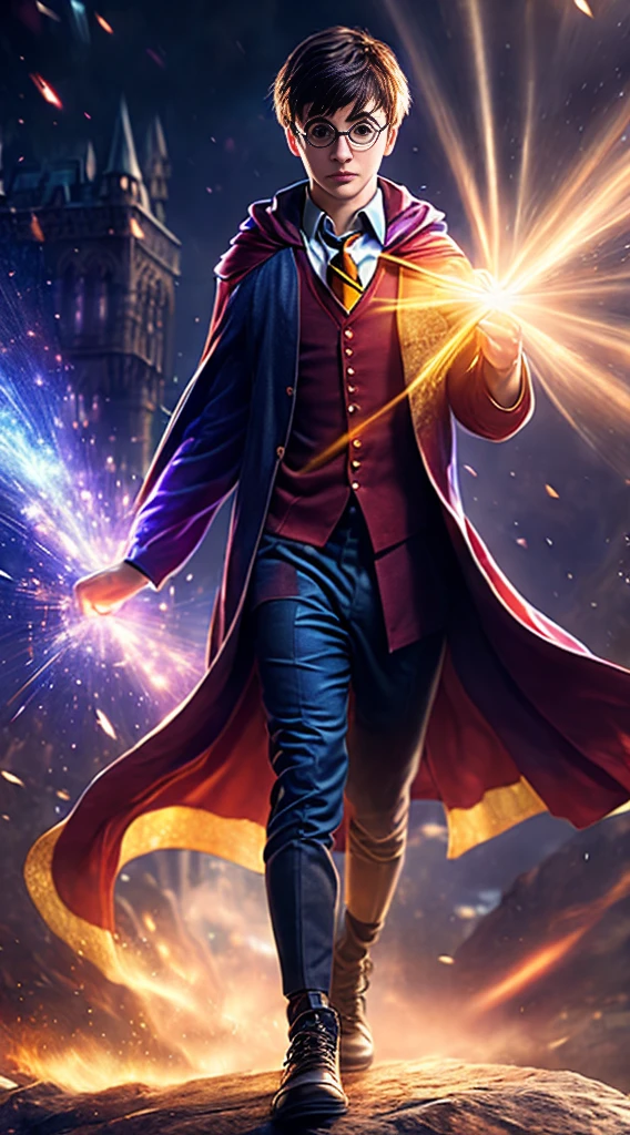 Fantasy character Harry Potter, (Full body posing:1.5), (colorful:1.2), Dynamic angle, (extremely detailed CG unity 16k wallpaper:1.1), (Denoising strength: 1.45), (tmasterpiece:1.37), Hyperrealistic, powerful, god rays, sparkle, UHD, masterpiece