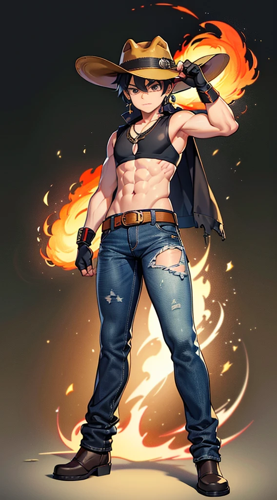 MG_ip, 1boy, hat, male focus, solo, jewelry, earrings, pants, tattoo, gloves, fire, chibi, torn clothes, belt, black hair, brown gloves, black eyes, full body, torn pants, goggles, standing, fingerless gloves, hoop earrings, black background, denim, looking at viewer, v-shaped eyebrows, simple background, smoke, jeans, closed mouth, sleeveless, cowboy hat, Brown hat, Firefist Ace, (Full body posing:1.5), (colorful:1.2), Dynamic angle, (extremely detailed CG unity 16k wallpaper:1.1), (Denoising strength: 1.45), (tmasterpiece:1.37), Hyperrealistic, powerful, Pixar, god rays, sparkle, UHD, masterpiece