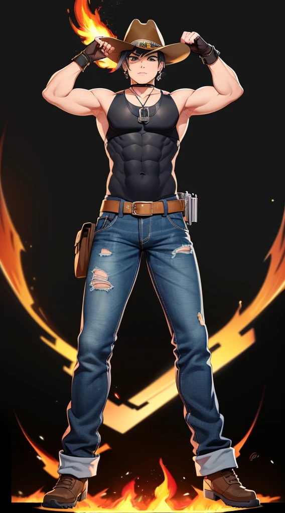 MG_ip, 1boy, hat, male focus, solo, jewelry, earrings, pants, tattoo, gloves, fire, chibi, torn clothes, belt, black hair, brown gloves, black eyes, full body, torn pants, goggles, standing, fingerless gloves, hoop earrings, black background, denim, looking at viewer, v-shaped eyebrows, simple background, smoke, jeans, closed mouth, sleeveless, cowboy hat, Brown hat, Firefist Ace, (Full body posing:1.5), (colorful:1.2), Dynamic angle, (extremely detailed CG unity 16k wallpaper:1.1), (Denoising strength: 1.45), (tmasterpiece:1.37), Hyperrealistic, powerful, Pixar, god rays, sparkle, UHD, masterpiece