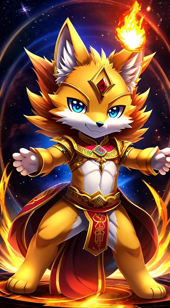 {best quality}, {{masterpiece}}, (Extremely gorgeous magic style), magic, fire, burning ground, volocano background, fantasy, solo, {{{detailed anime dog, fox, wolf, dog, {yellow skin}, anime eyes, chinese accessory, cute, furry, chibi, mascot, body fur, gold accessory, {red pubic_tatoo}, red jewelry}}} (Full body posing:1.5), (colorful:1.2), Dynamic angle, (extremely detailed CG unity 16k wallpaper:1.1), (Denoising strength: 1.45), (tmasterpiece:1.37), Hyperrealistic, powerful, anime style, god rays, sparkle, UHD, masterpiece