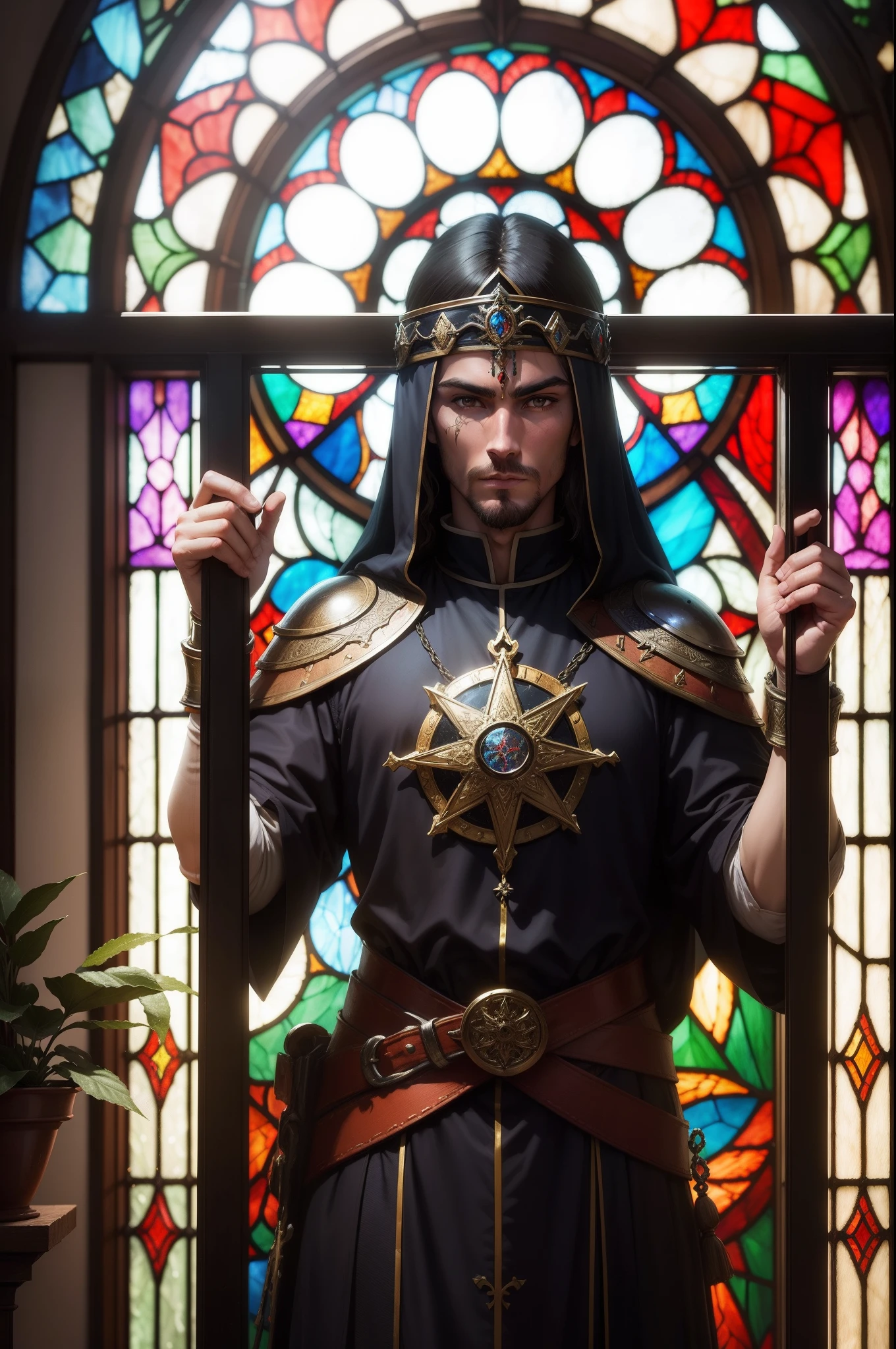 "A warrior saint framed in a single stained glass window, 2d, two dimensions, vitral, lindo, vitral, Gothic stained glass style, vitrais, vitral, vidro manchado, grande vitral, vitral intrincado, em um vitral."
