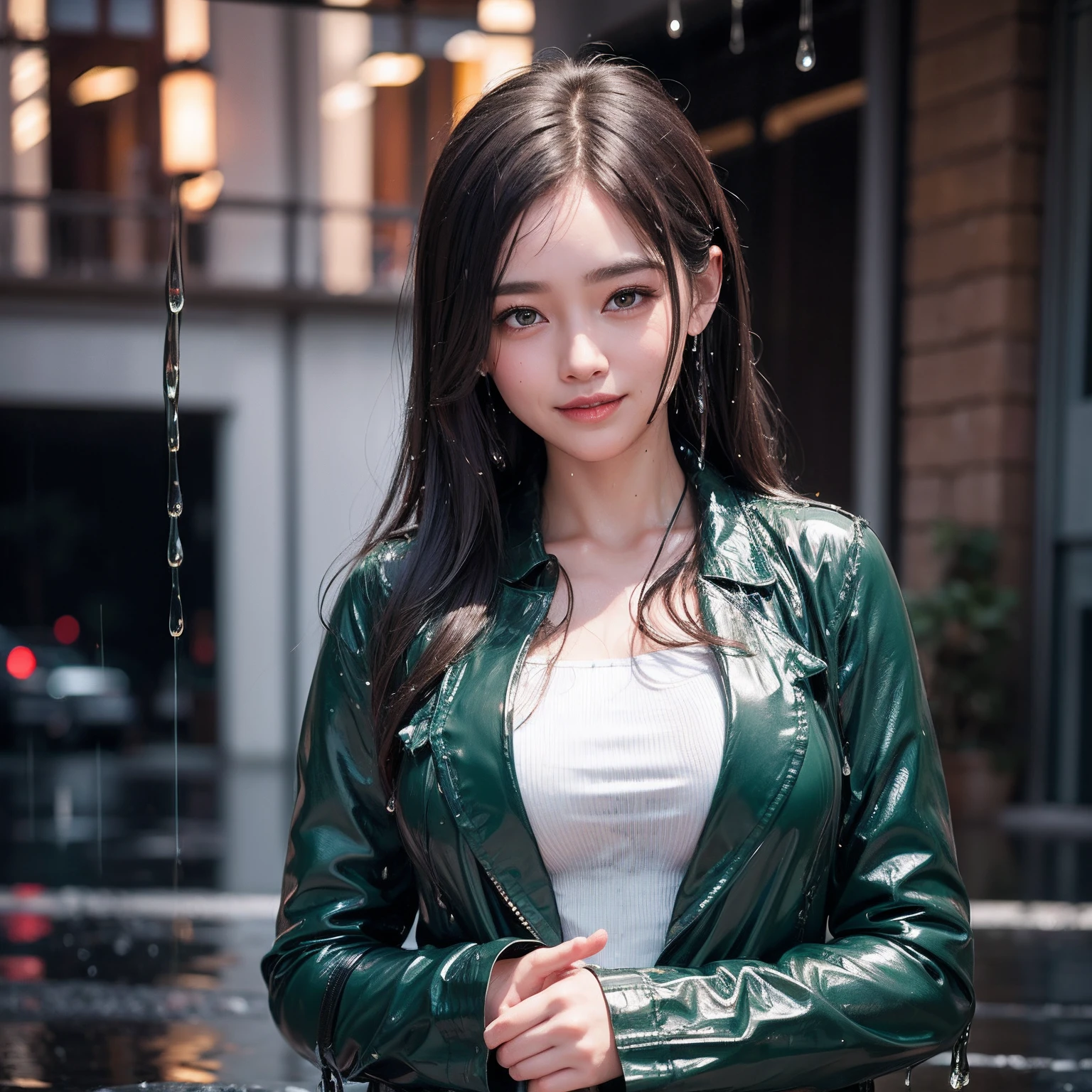 (A high resolution,high lighting,4K),Long face,1girll,the face,详细的the face,trpical garden,short detailed hair,She has a butterfly on her head,close-up face,The sun at noon,huge tit),looking at viewert,Close range - intensity,Black latex clothes,Keep one's mouth shut realistic photos of 1 cute Korean star, short ponytail, white skin, thin makeup, 32 inch breasts size, wearing green leather suit, necklace, in the playground, night, upper body portrait, uhd