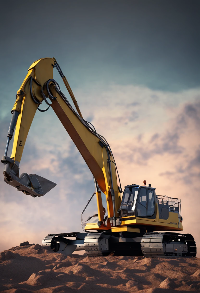 The new source wheeled excavator excavates on the lunar surface，Highlight the realistic excavator side panorama of the excavator，Glow and realistic background