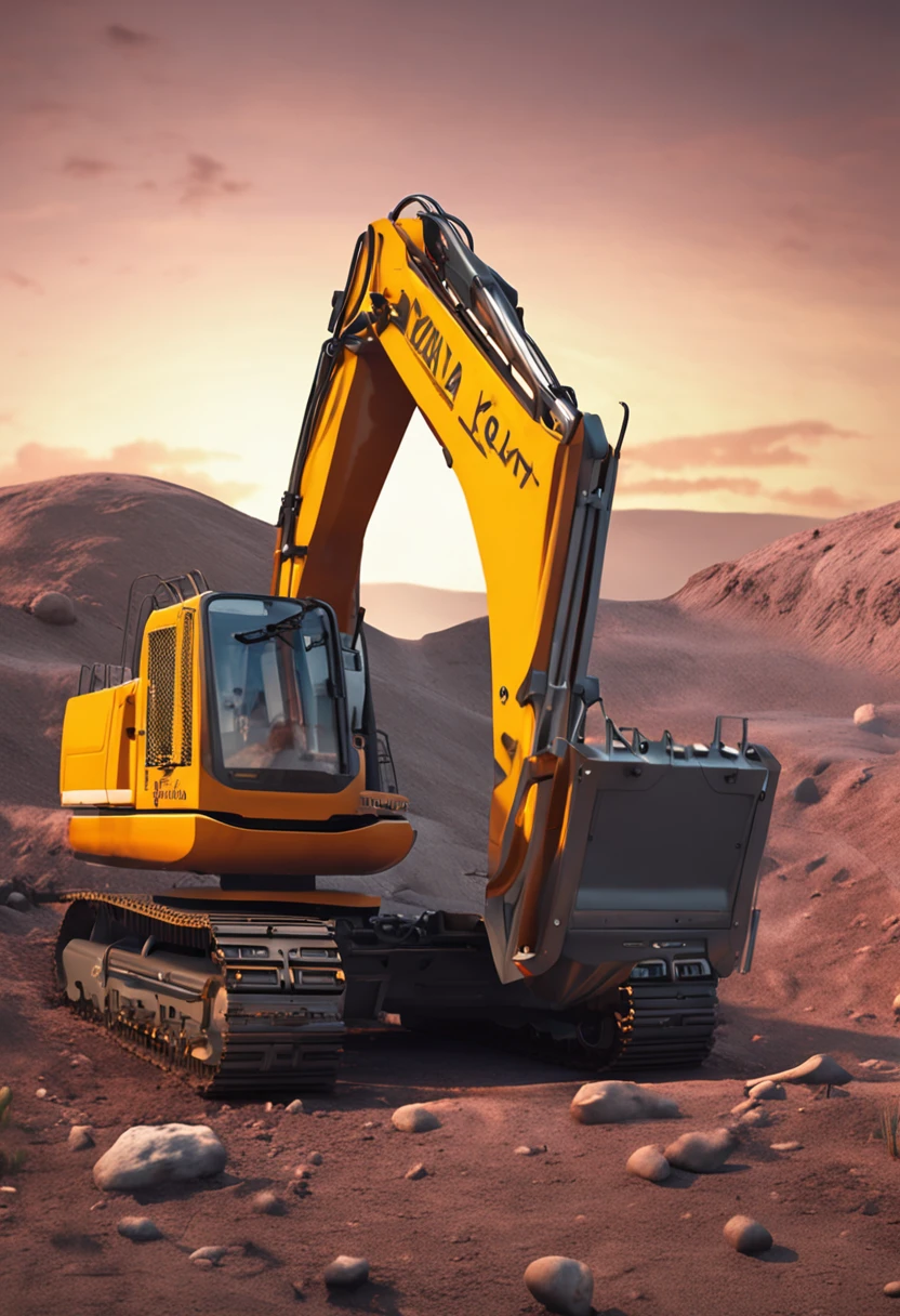 The new source wheeled excavator excavates on the lunar surface,Highlight the realistic excavator side panorama of the excavator,Glow and realistic background