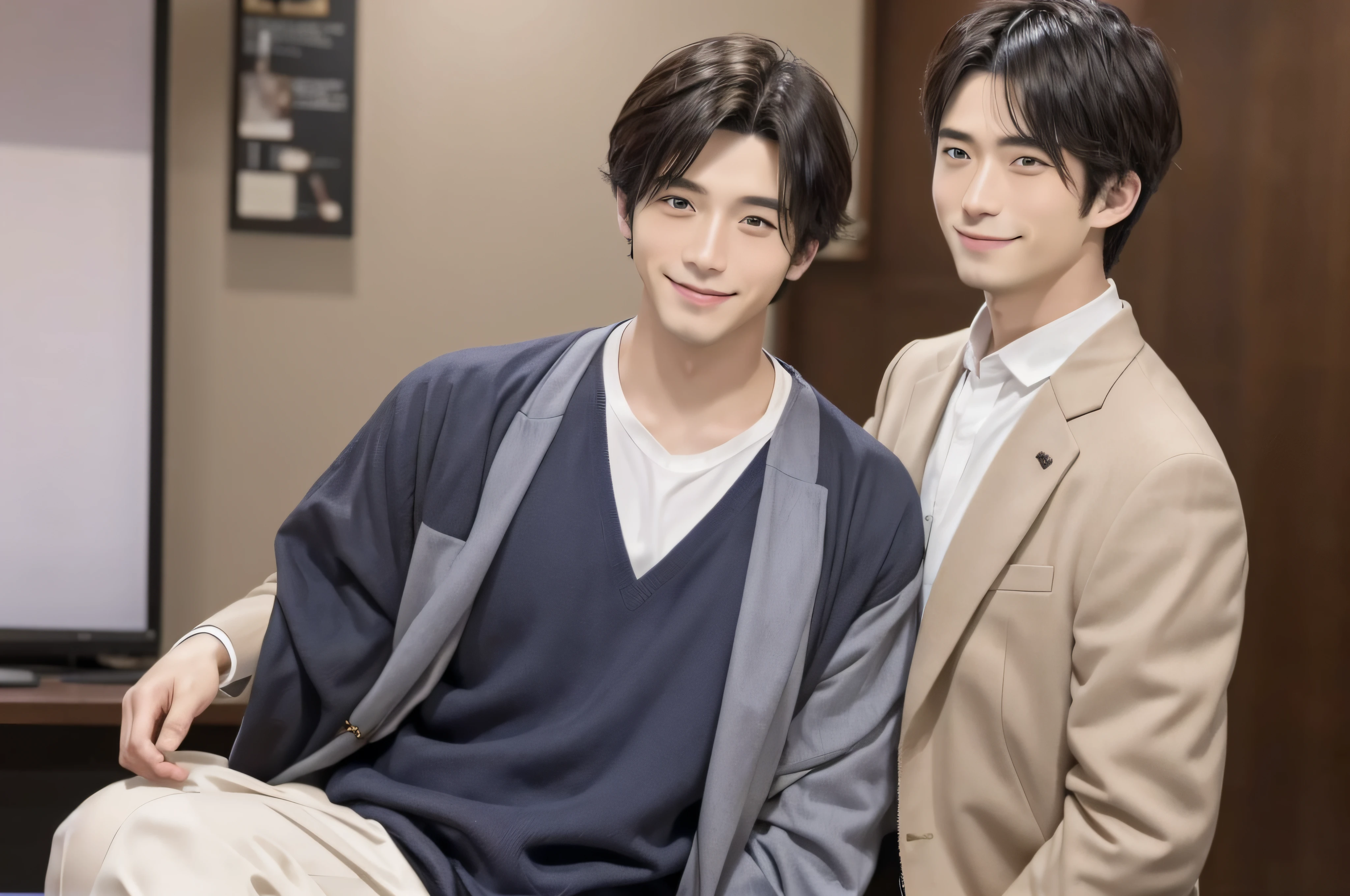japanes、Handsome men、30-years old、One happy young Japan businessman president、A very attractive businessman, Elegant attire and hall々Stand with your arms crossed with a smile on your face、top-quality、​masterpiece、Photo Real、超A high resolution、the background is blurred、Big smile、Latest fashionable suits 、Medium Hair、Super cool、twinks、Nice perfect face with soft skin、8K、A hyper-realistic、