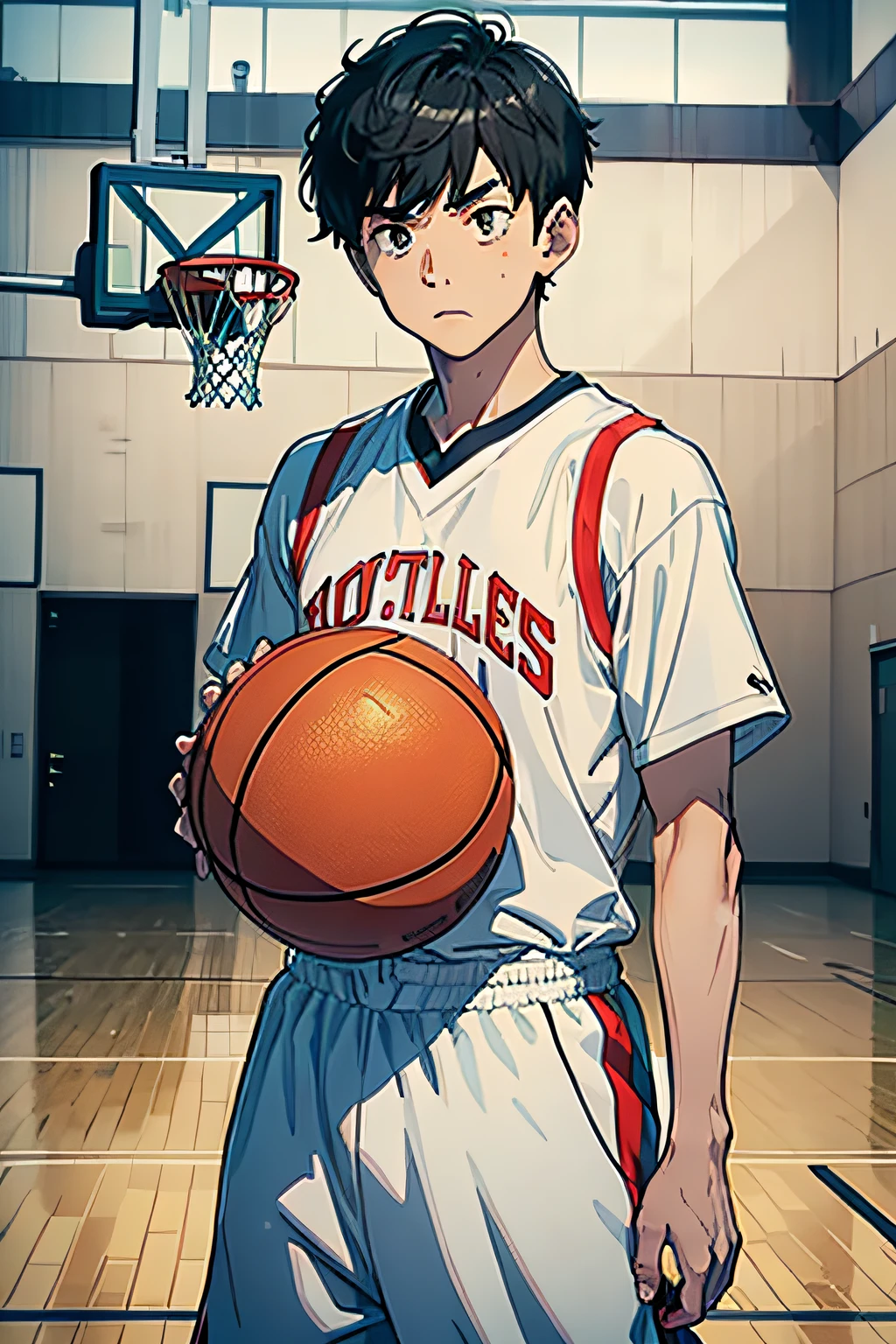 A boy was there、On the basketball court、Mashed potatoes cut hairstyle、basketball suit、standing on your feet、Upper body portrait、Angry expressions