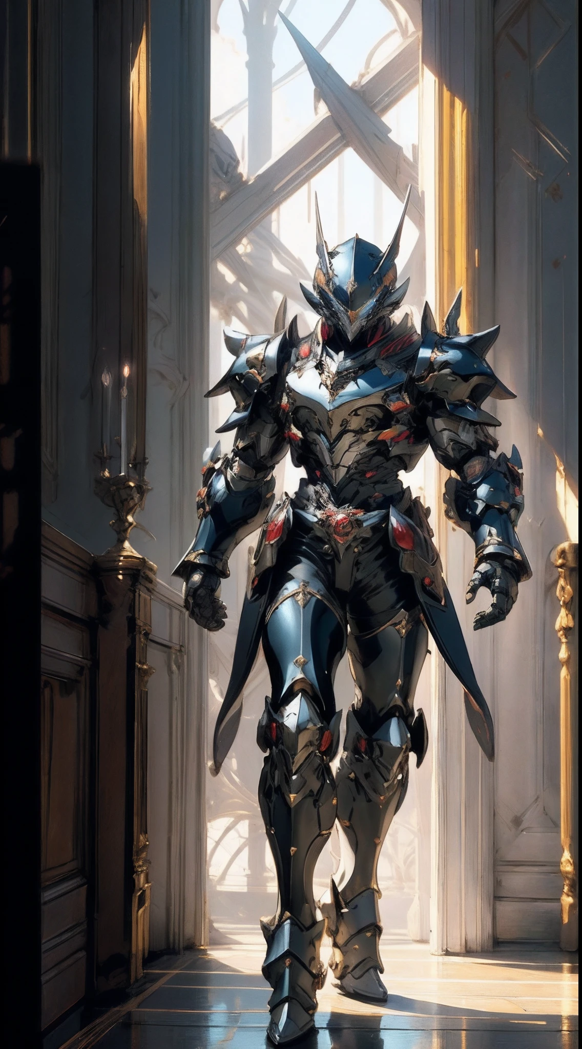 A man wearing a full-face helmet that covers most of his face, adorned in a biomimetic fantasy-style armor, the predominant black color is accented with red textures in the design this character embodies a finely crafted fantasy-style armored warrior design in anime, ((character concept art)), full body character drawing, high definition, best quality, ultra-detailed, extremely delicate, anatomically correct, symmetrical face, extremely detailed eyes and face, high quality eyes, creativity, RAW photo, UHD, 16k, (Natural light, cinematic lighting, masterpiece:1.5)