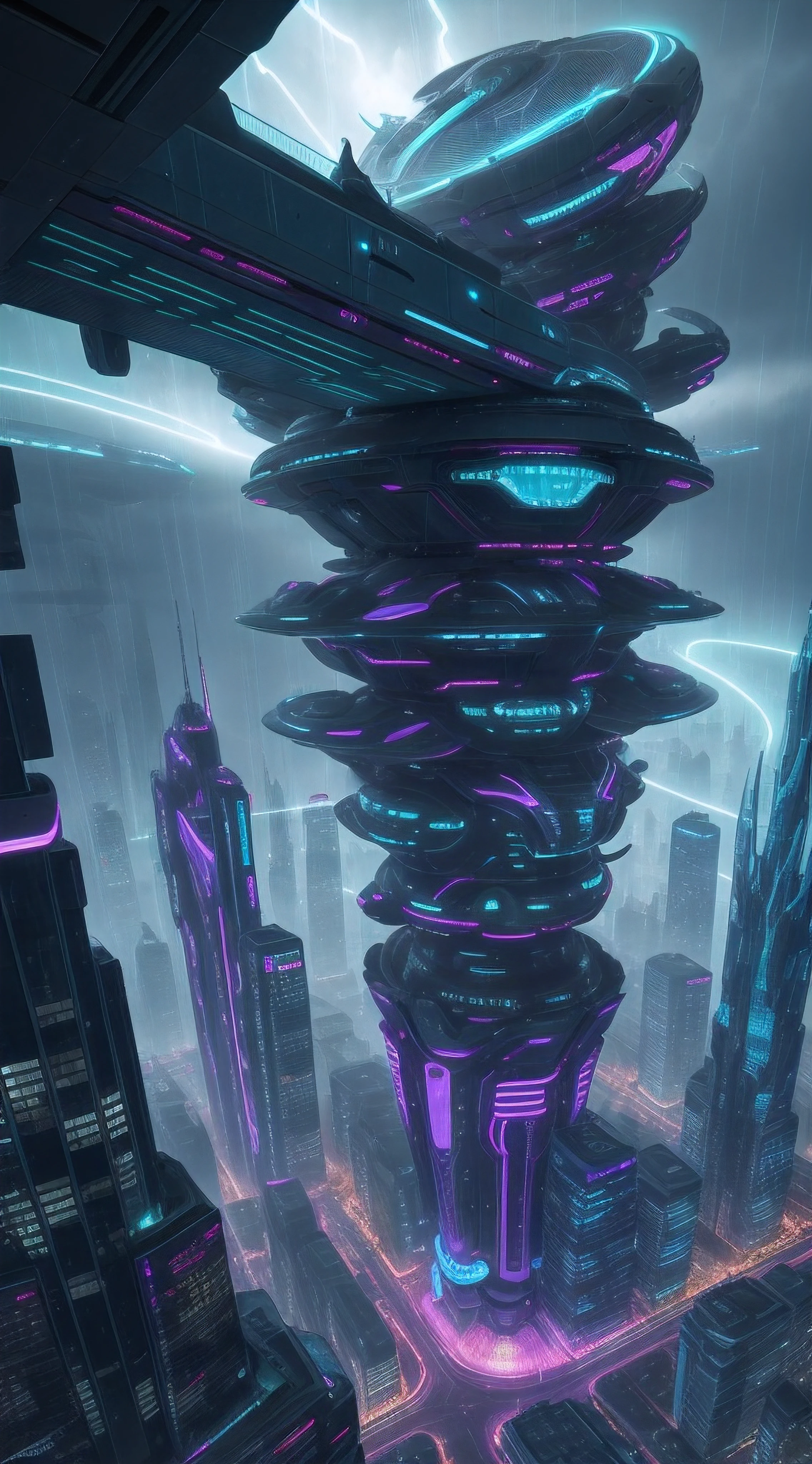 Create an aerial image of a futuristic city, Full of futuristic buildings with highly stylized designs that defy gravity. With flying transport vehicles. todo en tonos azules, Green and purple in the rain with flashes of neon and durable style, bajo los rayos de una gran tormenta. hiperrealista, 8k