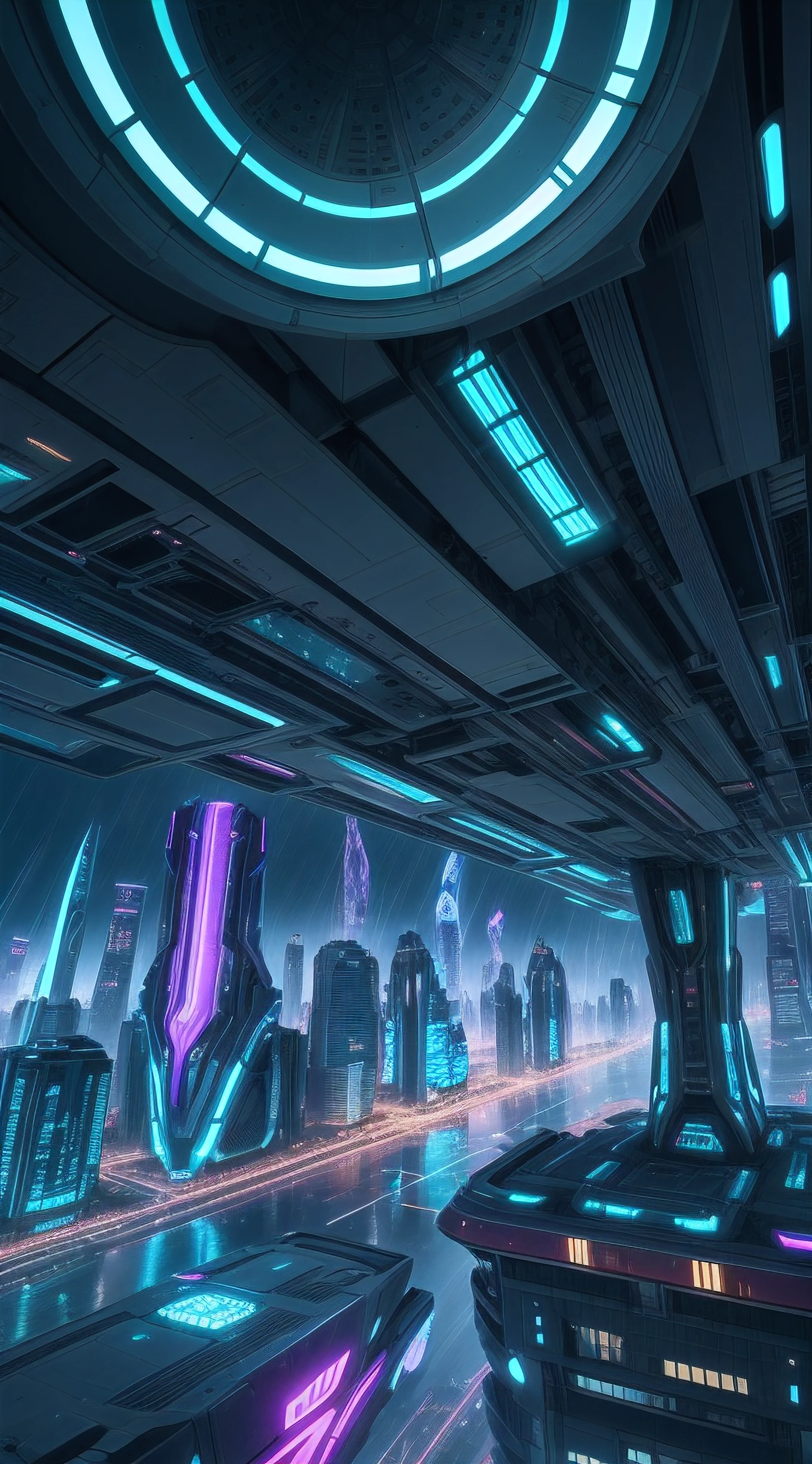 Create an aerial image of a futuristic city, Full of futuristic buildings with highly stylized designs that defy gravity. With flying transport vehicles. todo en tonos azules, Green and purple in the rain with flashes of neon and durable style, bajo los rayos de una gran tormenta. hiperrealista, 8k