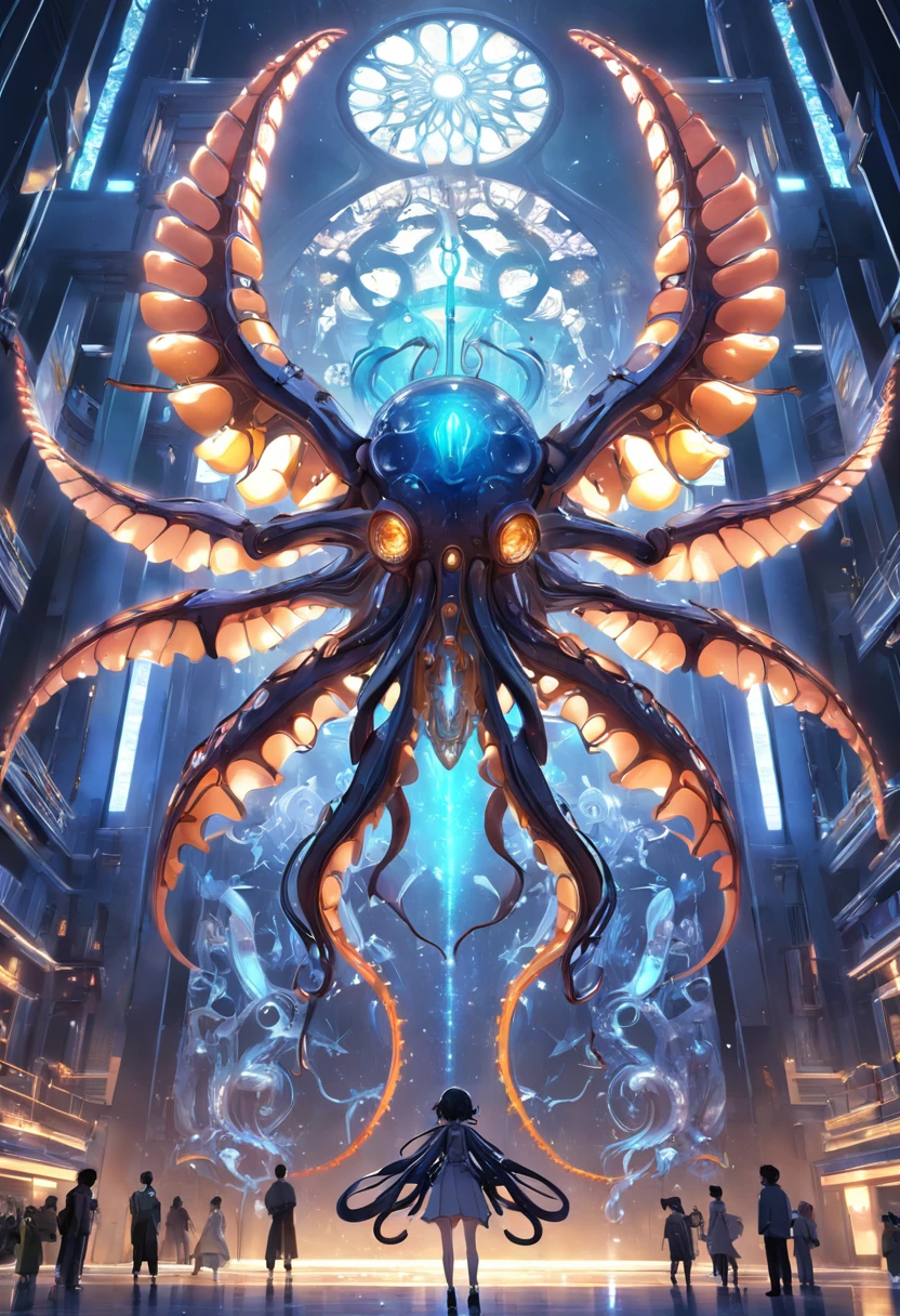 (extremely detailed CG unity 16k wallpaper:1.1), (Denoising strength: 1.45), (tmasterpiece:1.37), A mechanical octopus with transparent wings, A mechanical octopus with transparent wings, A mechanical octopus with transparent wings, god rays, sparkle, glowing light, UHD, masterpiece