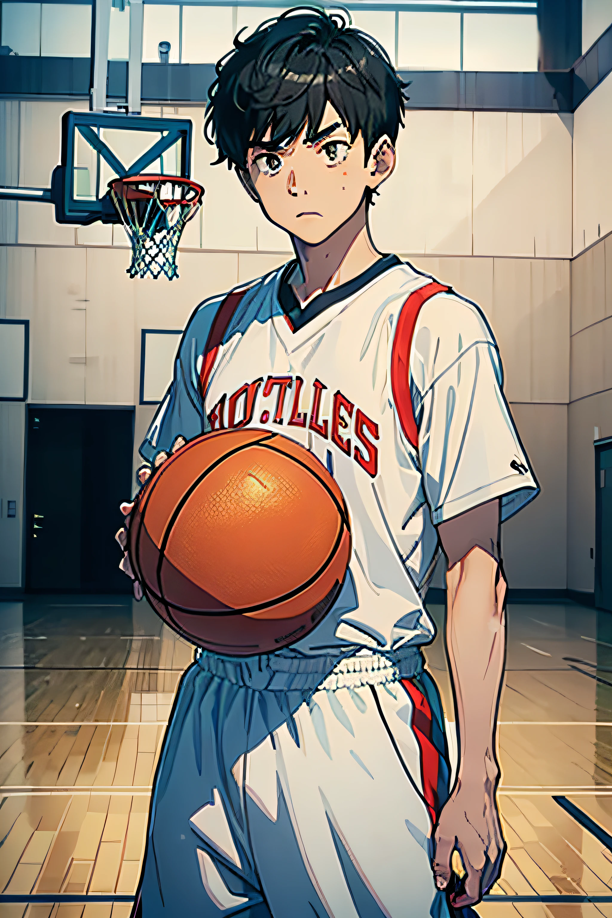 A boy was there、On the basketball court、Mashed potatoes cut hairstyle、basketball suit、standing on your feet、Upper body portrait、Angry expressions