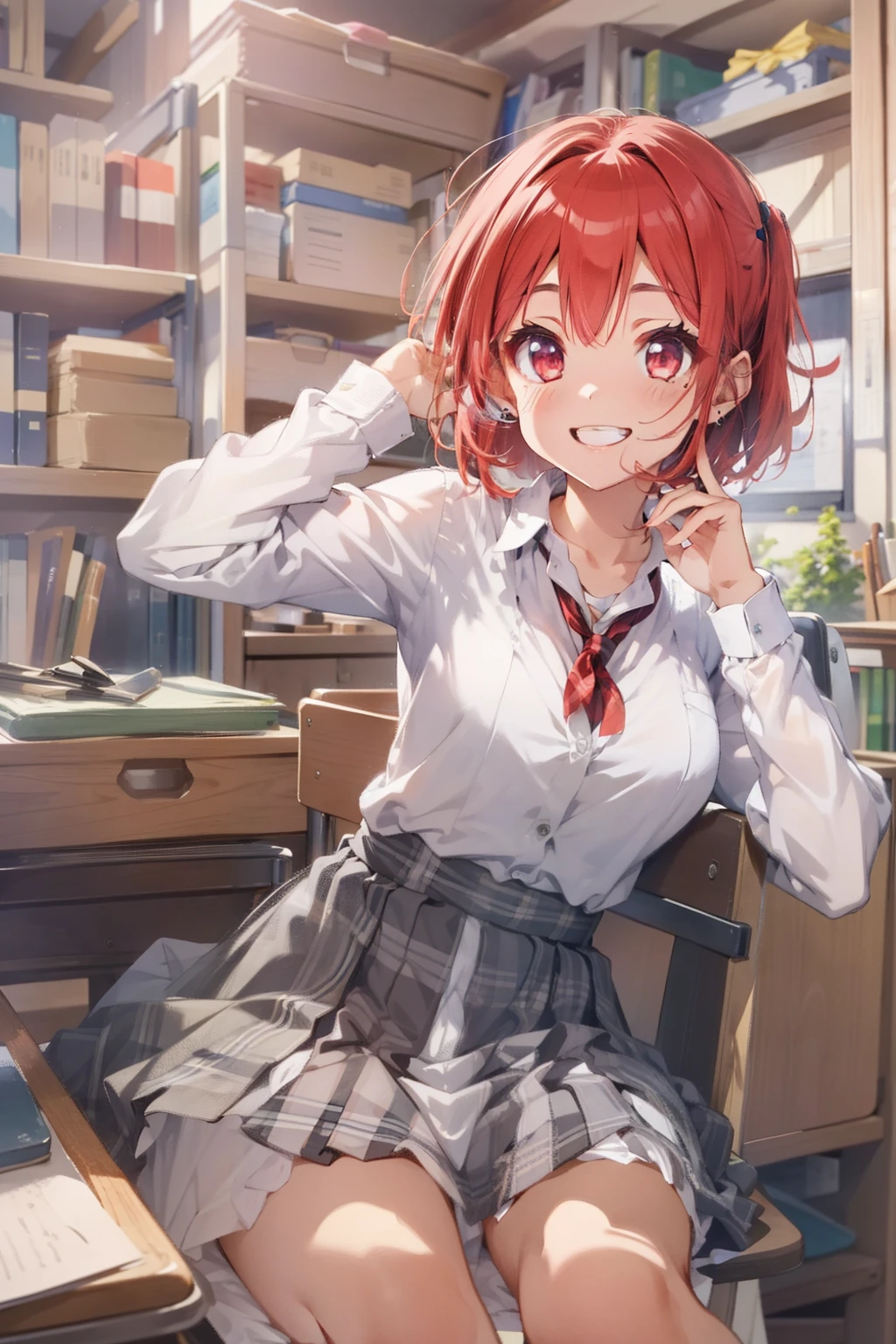 masutepiece, Best Quality, absurderes, Perfect Anatomy, 1girl in, Solo,Short hair、dress shirts, plaid skirts, downbrouse, cleavage, Classroom, Smile, Red hair, White eyes、
