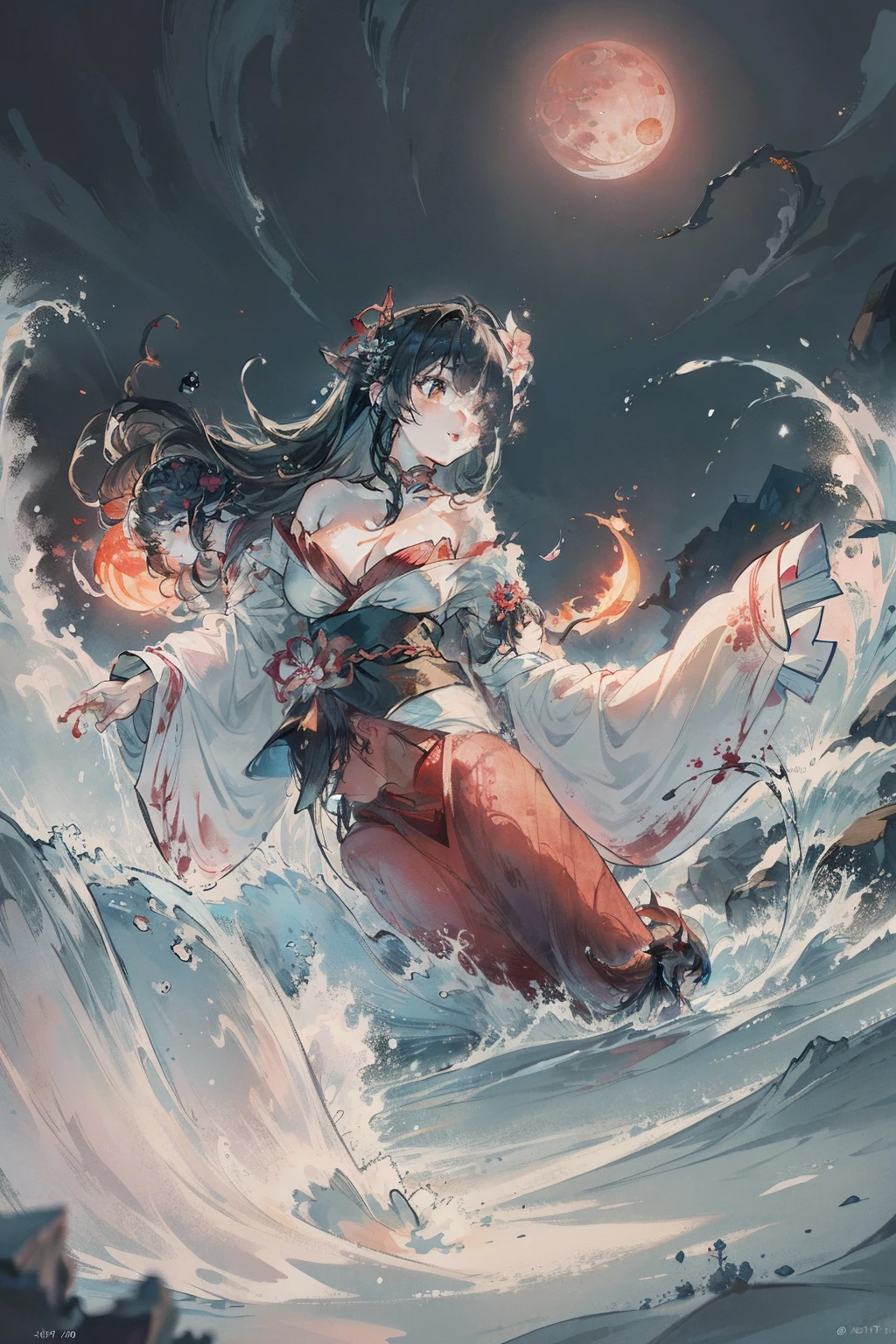 （best qualtiy、Extremely fine、CG synthetic 8k wallpaper with extreme detail：1.5），The black-haired mermaid descends on the rushing water，180 cm high，A flame is being sprayed，Behind is a dreamy peach blossom，The Blood Moon is about to rise。