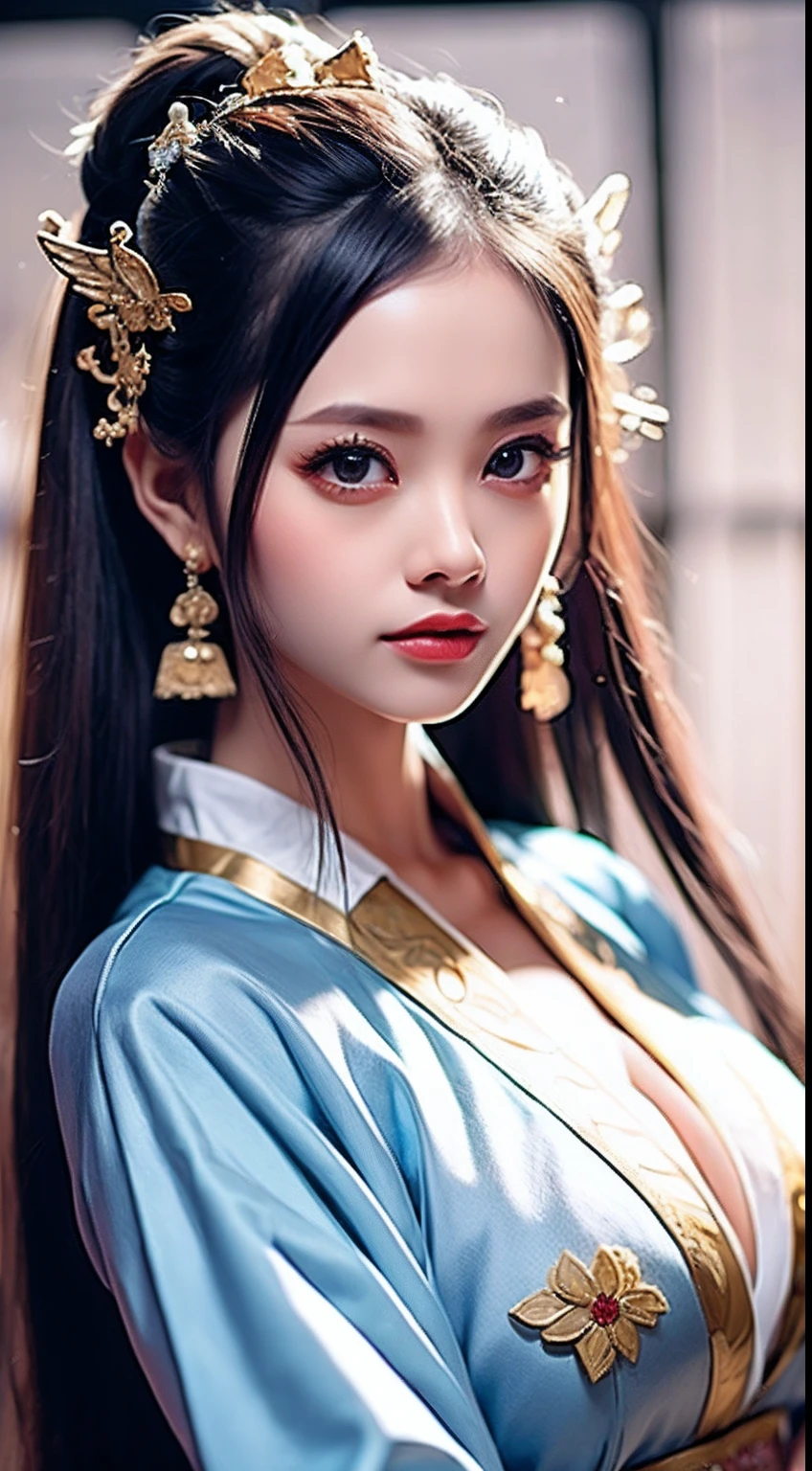 top-quality、masterpiece、hight resolution、Wuxi 1girl、(gold Chinese dress)、((Super beautiful face))、Super beautiful eyes、Super beautiful hair、(cleavage of the breast、exposed breast、Sexy cleavage、very highly detailed breasts)、