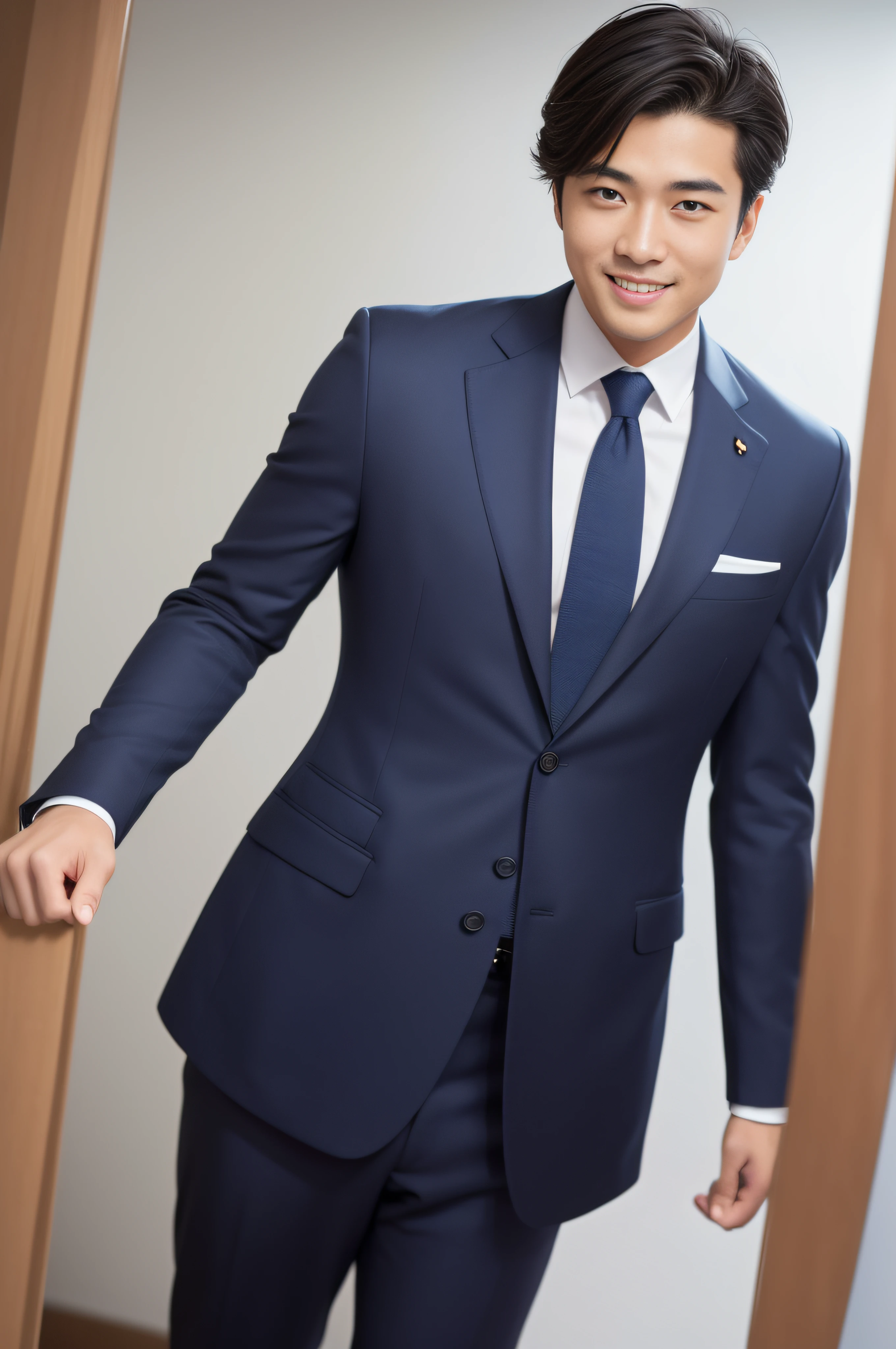 (top-quality、Top image quality、超A high resolution)、japanes、Handsome men、30-years old、One happy young Japan businessman president、A very attractive businessman, Elegant attire and hall々Stand with your arms crossed with a smile on your face、masterpiece、Photo Real、the background is blurred、Big smile、Latest fashionable suits 、Medium Hair、Super cool、twinks、Nice perfect face with soft skin、8K、A hyper-realistic、