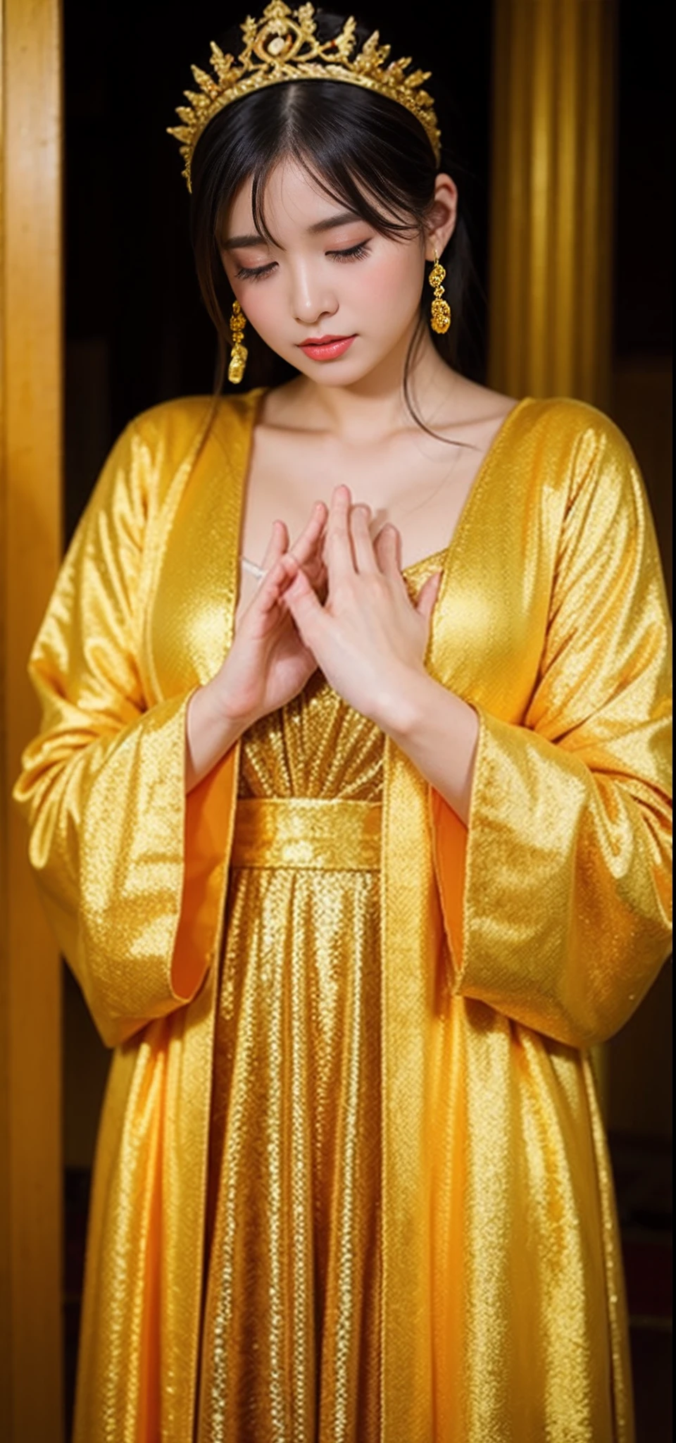 1girl in、NSFW、top-quality、masterpiece、超A high resolution、(Photorealsitic:1.4)、Raw photo、( beautiful girl)、Straight long hair、glowy skin、Dramatic Writing、(Golden see-through leotard)、(Golden transparent fluttering robe)、(Golden Buddha Statue)、(Golden Guanyin Bodhisattva Statue)Locket、((Golden Very Small Tiara))、(Pray)(Standing whole body)、((delicate finger、Delicate hand))、(delicate paws)、(large full breasts、Clean raised bust)、(Locket)、((Golden garter stockings))、((Golden Ancient Temple Wall))、(Blur the background)、(One boob is visible)、(Woman Praying)、(Pray with Your Hands Together)、Full body、standingn、