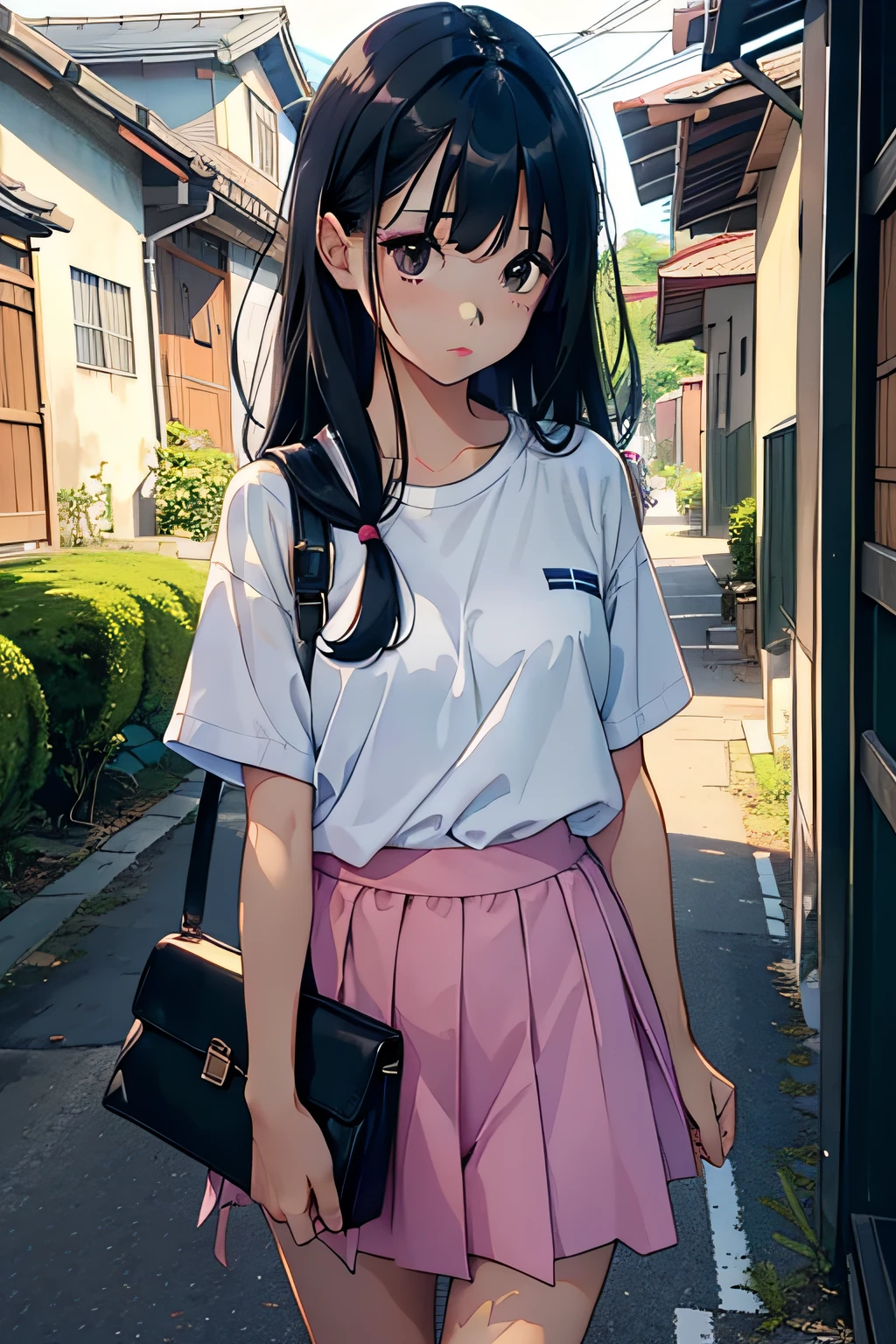 A girl is in、sobu、brightly、The shirt、skirt by the、Summer clothing、Morning、Long black hair、Upper body portrait