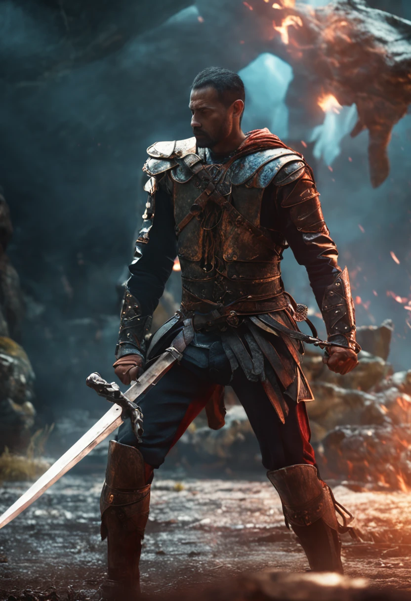 a man, strong, fighting, with a sword, dynamic pose, in armor