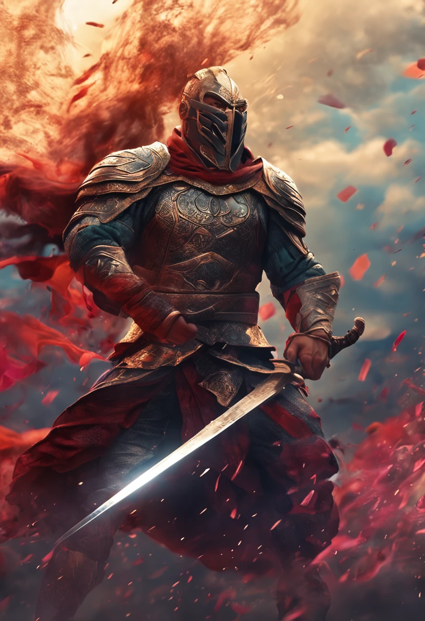 a man, strong, fighting, with a sword, dynamic pose, in armor