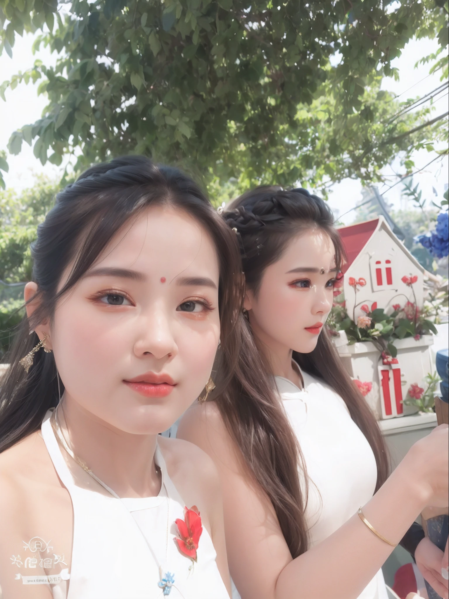 (best quality, masterpiece:1.2), photorealistic, ultra high res, full body shot, front lighting, intricate detail, Exquisite details and textures, 1girl, (young), face highlight, upper body, detailed face, tear mole, white skin, silver hair, ponytail, braid hair, looking at viewer, big eyes, symmetrical eyes, (sexy ao dai attire:1.6), earrings, (gigantic breasts), slim body, professional lighting, photon mapping, radiosity, physically-based rendering, good hands, good fingers, outdoor, masterpiece,ultra realistic,32k,extremely detailed CG unity 8k wallpaper, best quality