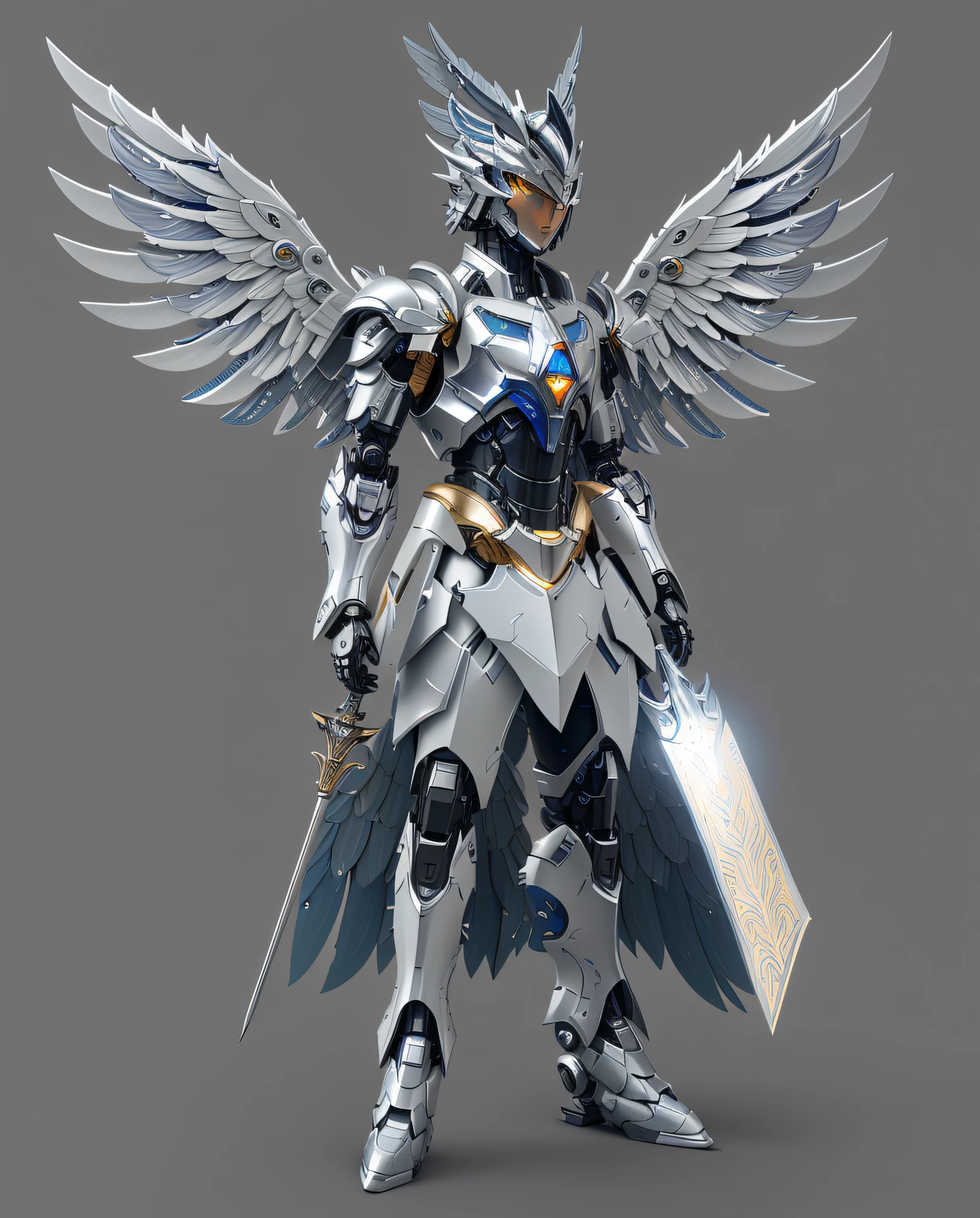 Close-up of a man with a sword and wings, Angel in metal armor, futuristic robot angel, armor angle with wing, unreal engine render saint seiya, detailed cosmic angelic robot, glossy white armor, Mecha wings, greek god in mecha style, clothed in ethereal battle armor, Mechanized Valkyrie girl, white metal neocubism armor