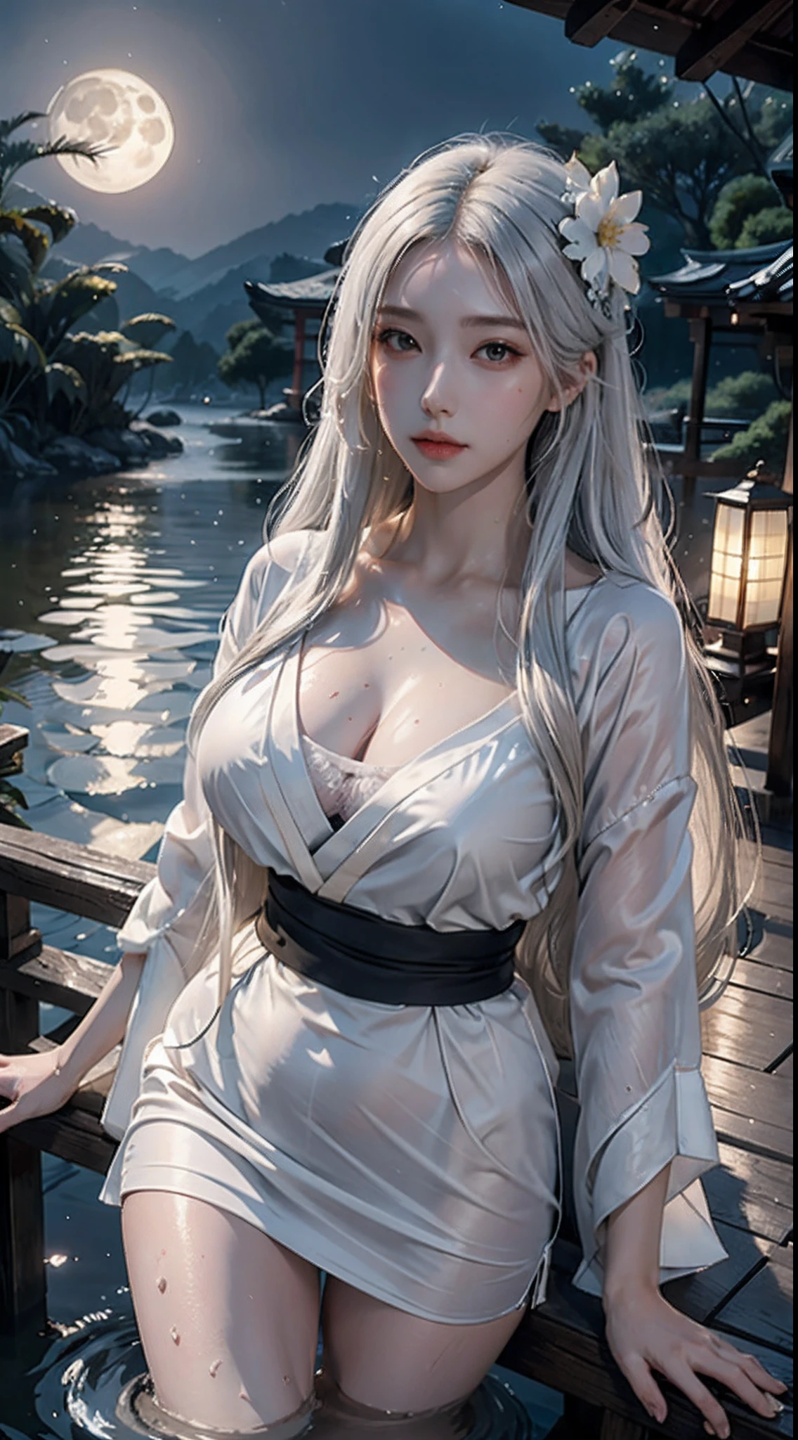 photorealistic, high resolution, soft lights, 1women, solo, hips up, shining skin, (detailed face), long hair, moon, lantern, night, solo, large breasts, hair ornament, wet, kimono, japanese clothes, wading, water, hair flower, flower, outdoors, sky, full moon, rain