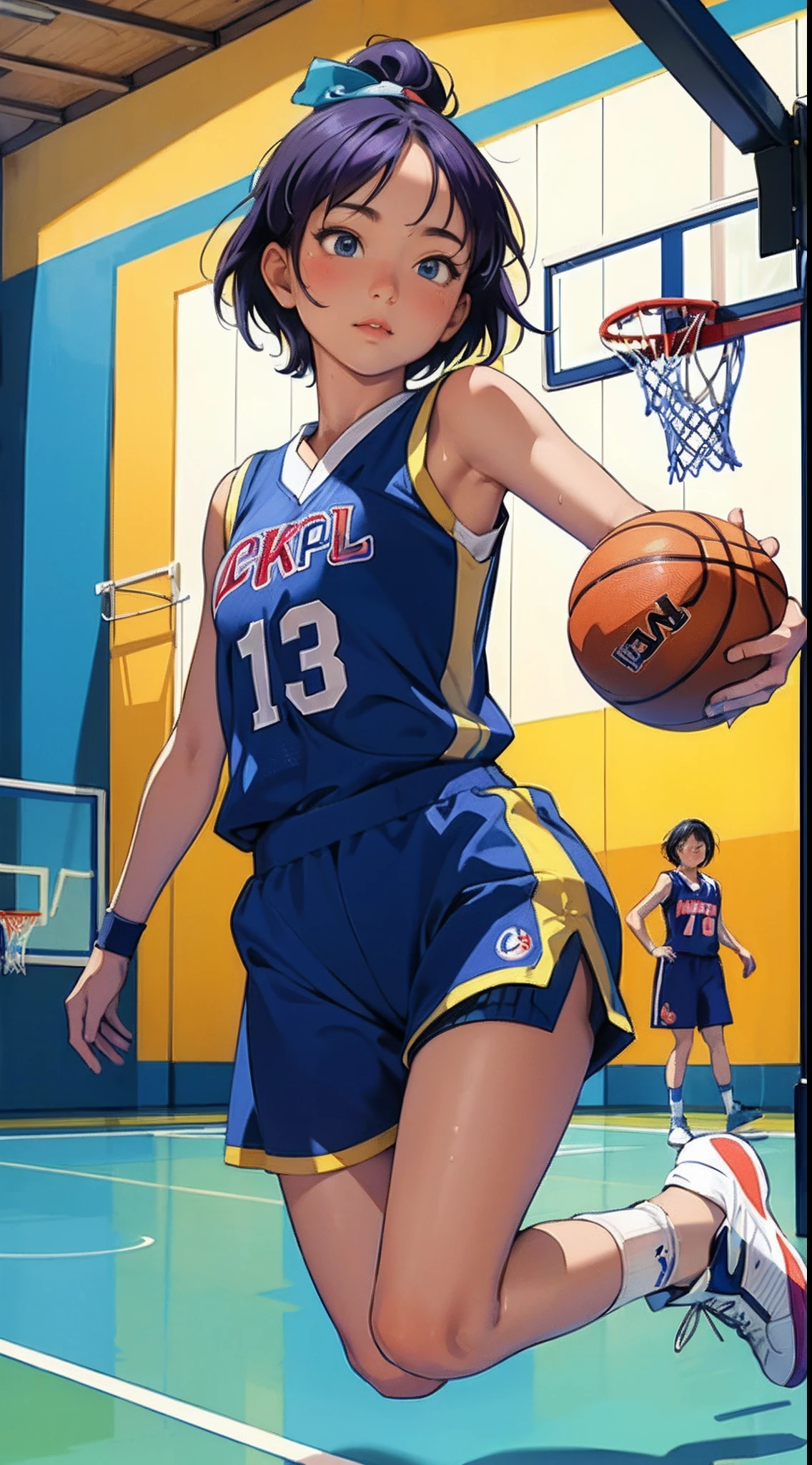 masterpiece,ultra-detailed,ultra quality, illustration, ,simple eyes, beauty face, cute face, colorful hair, 1girl,Supermodel,very short hair,hachimaki,(basketball player),(basketball uniform),(basketball court),sweaty skin,(full body),(jump:1.2),parfect anatomy