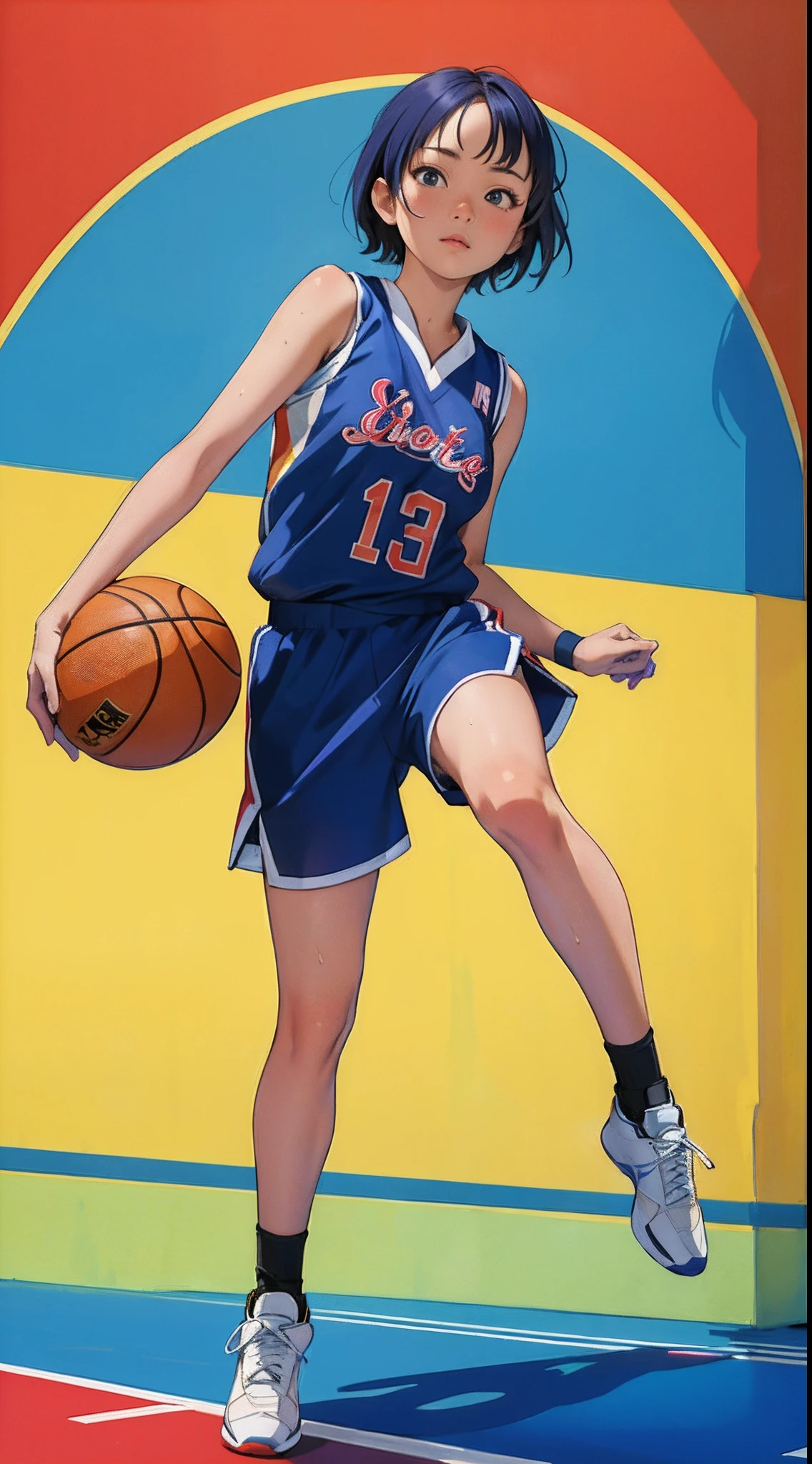 masterpiece,ultra-detailed,ultra quality, illustration, ,simple eyes, beauty face, cute face, colorful hair, 1girl,Supermodel,very short hair,hachimaki,(basketball player),(basketball uniform),(basketball court),sweaty skin,(full body),(jump:1.2),parfect anatomy