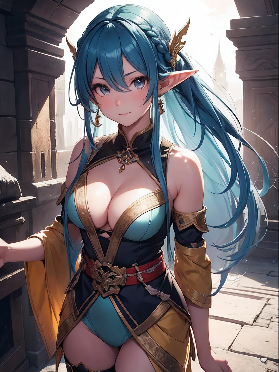 Cute elf girl，braidedponytail，Exquisite Hair，Colored inner hair，Pick and dye your hair，Colorful hair，With Ultra HD details，Professional lighting and lighting。Tall and tall，Sexy clothes，Stockings，Delicate earrings，Delicate necklace，light breeze，Brighter scenes，More refined facial features，eyes with brightness，Light smile，anaglyph，tachi-e，Atmospheric perspective，High detail backlight，Chiaroscuro，full bloom，Ray trajectories，Perspective top-down，super detailing、acurate、best qualityer、Textured epidermis、Anatomically correct