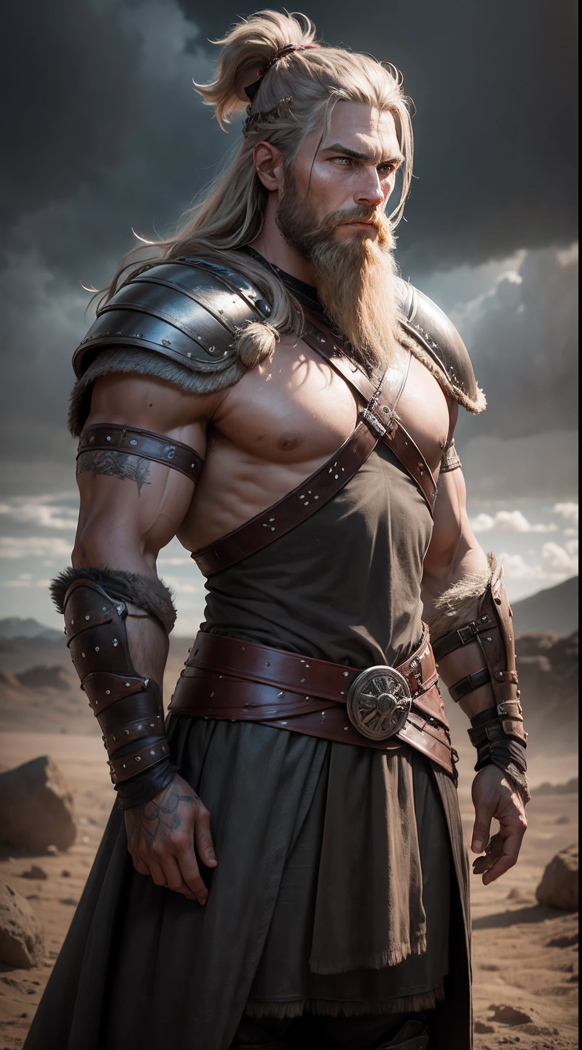 photograph  of a viking warrior with dirt in his face, broad shoulders, armor, heroic, beard, pronounced cheekbones, cloudy, masterpiece, best quality, high quality, 4K, trending, hard ring light, 50mm --auto